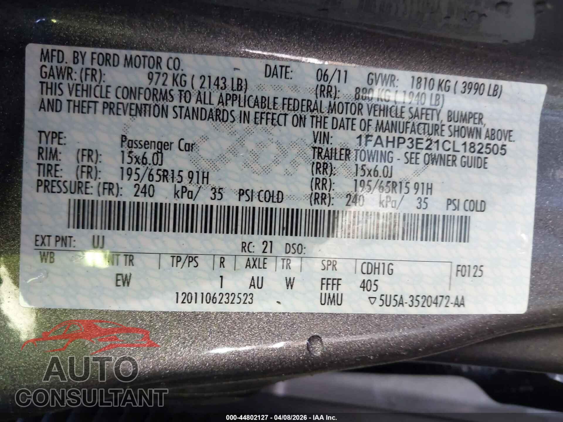 FORD FOCUS 2012 - 1FAHP3E21CL182505