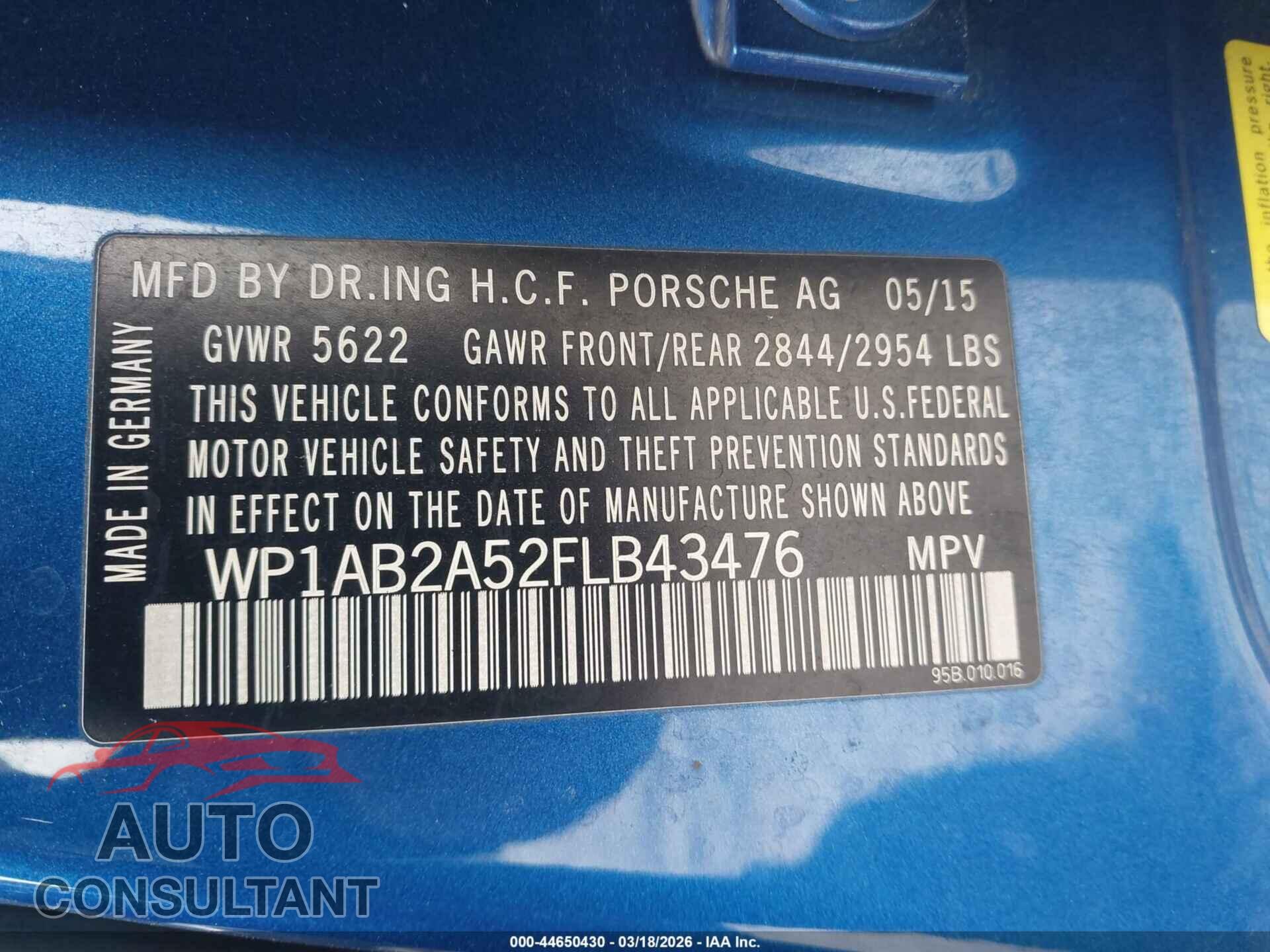 PORSCHE MACAN 2015 - WP1AB2A52FLB43476