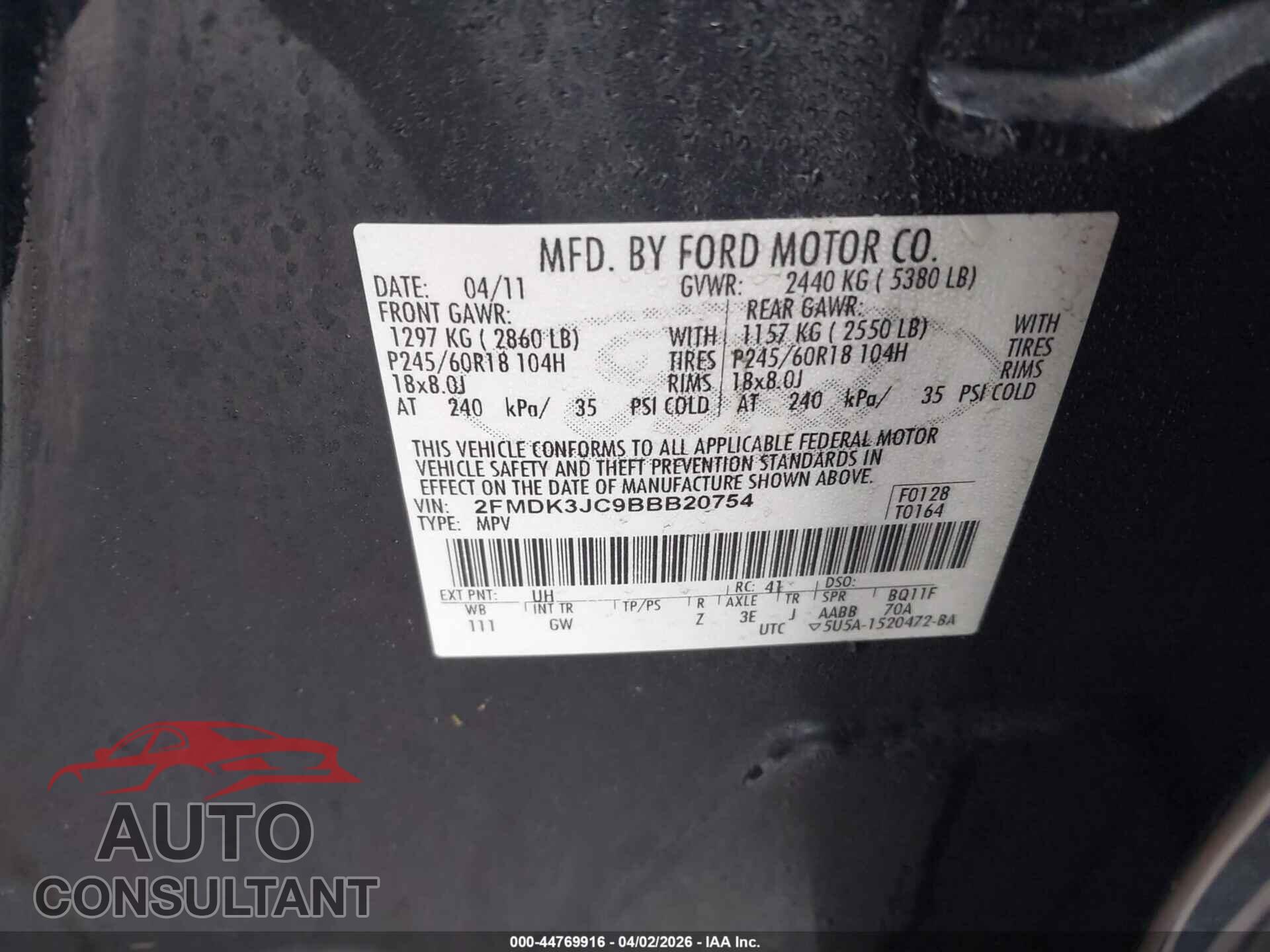 FORD EDGE 2011 - 2FMDK3JC9BBB20754