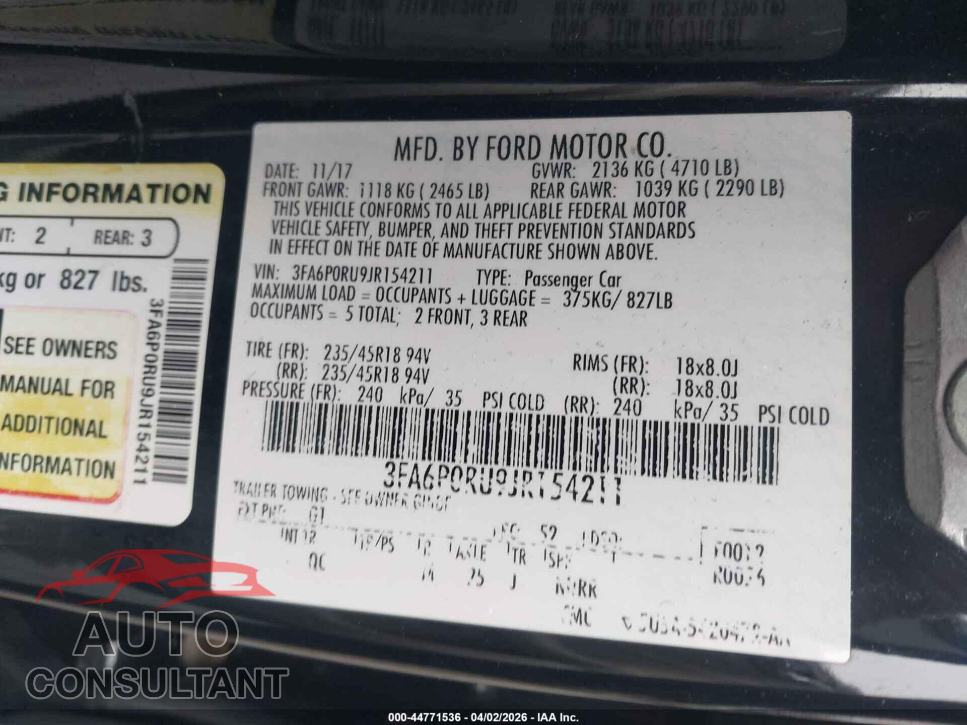 FORD FUSION HYBRID 2018 - 3FA6P0RU9JR154211