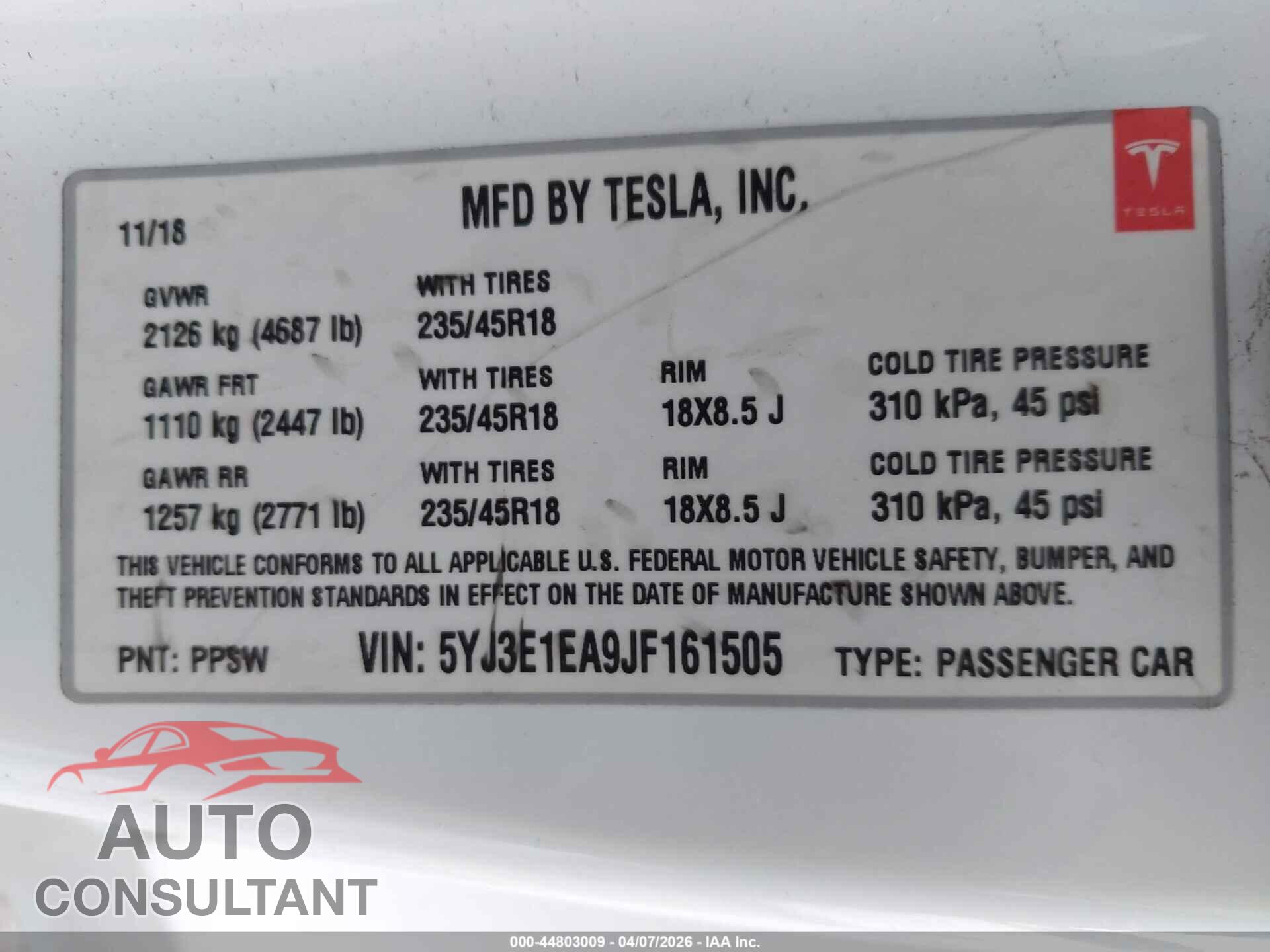 TESLA MODEL 3 2018 - 5YJ3E1EA9JF161505