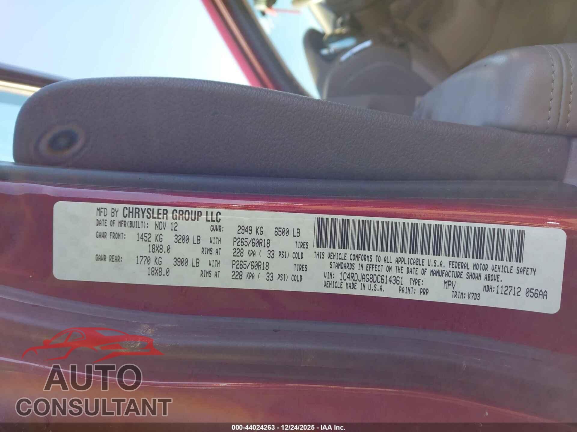 DODGE DURANGO 2013 - 1C4RDJAG8DC614361