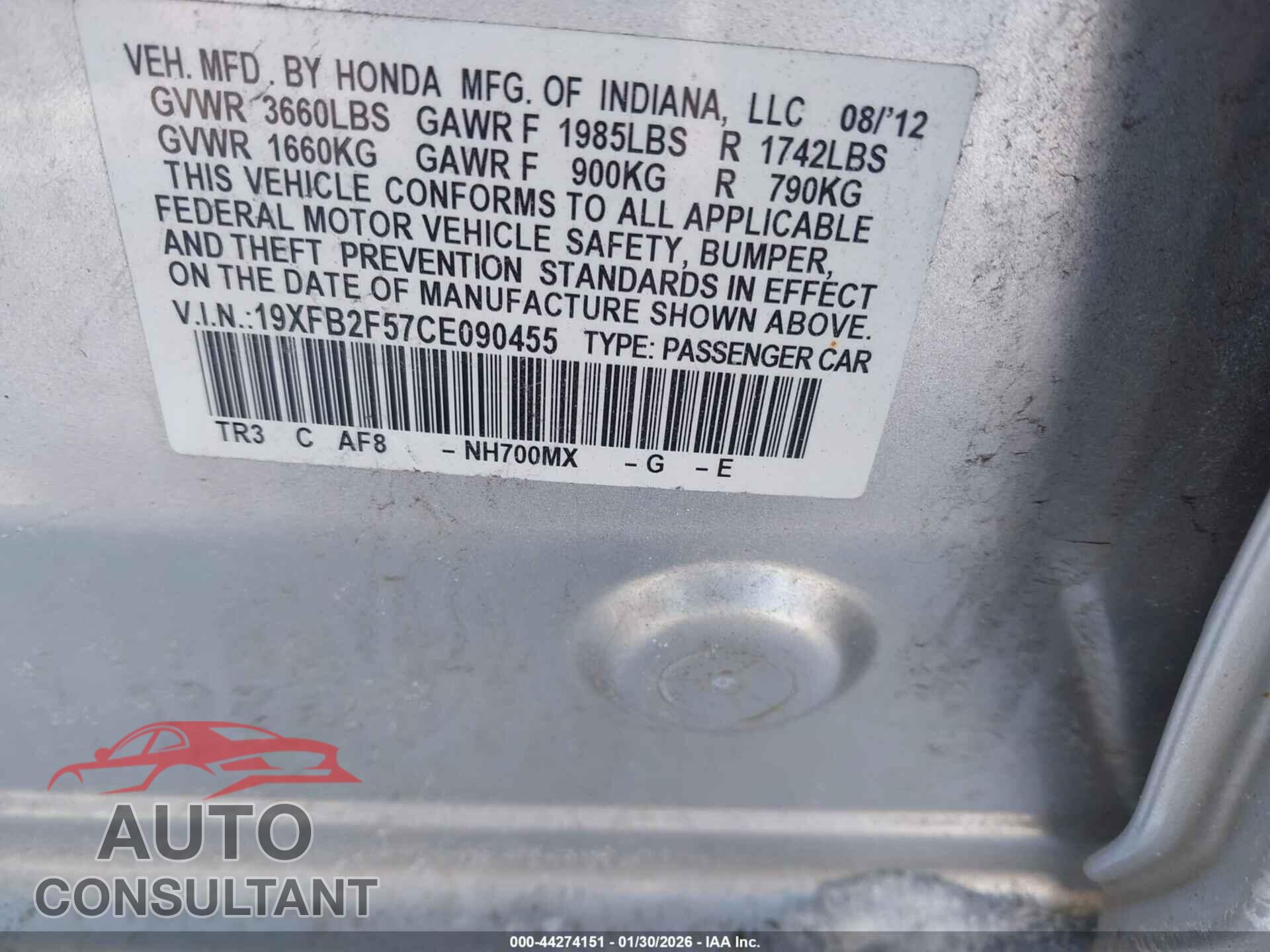 HONDA CIVIC 2012 - 19XFB2F57CE090455