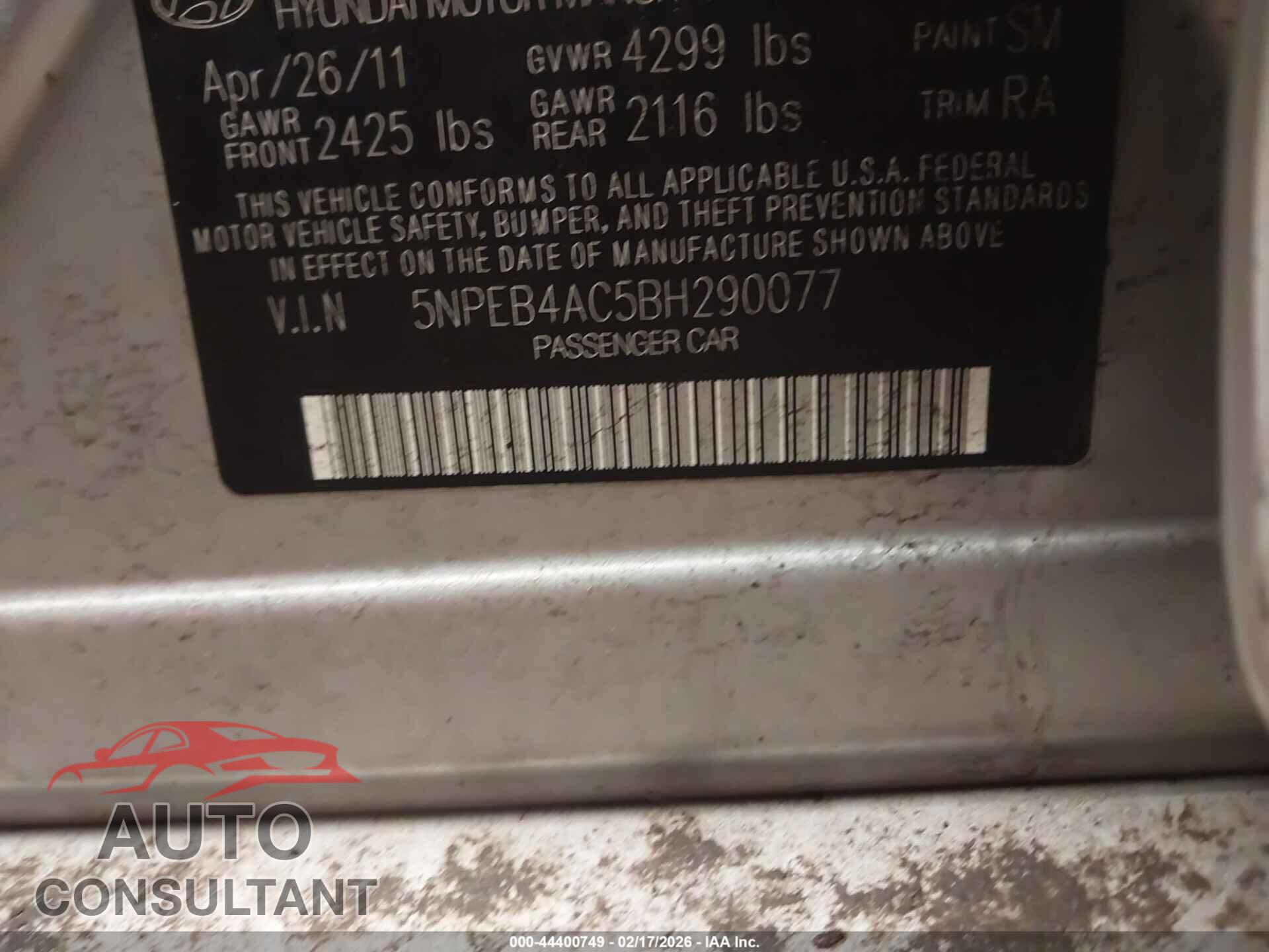 HYUNDAI SONATA 2011 - 5NPEB4AC5BH290077