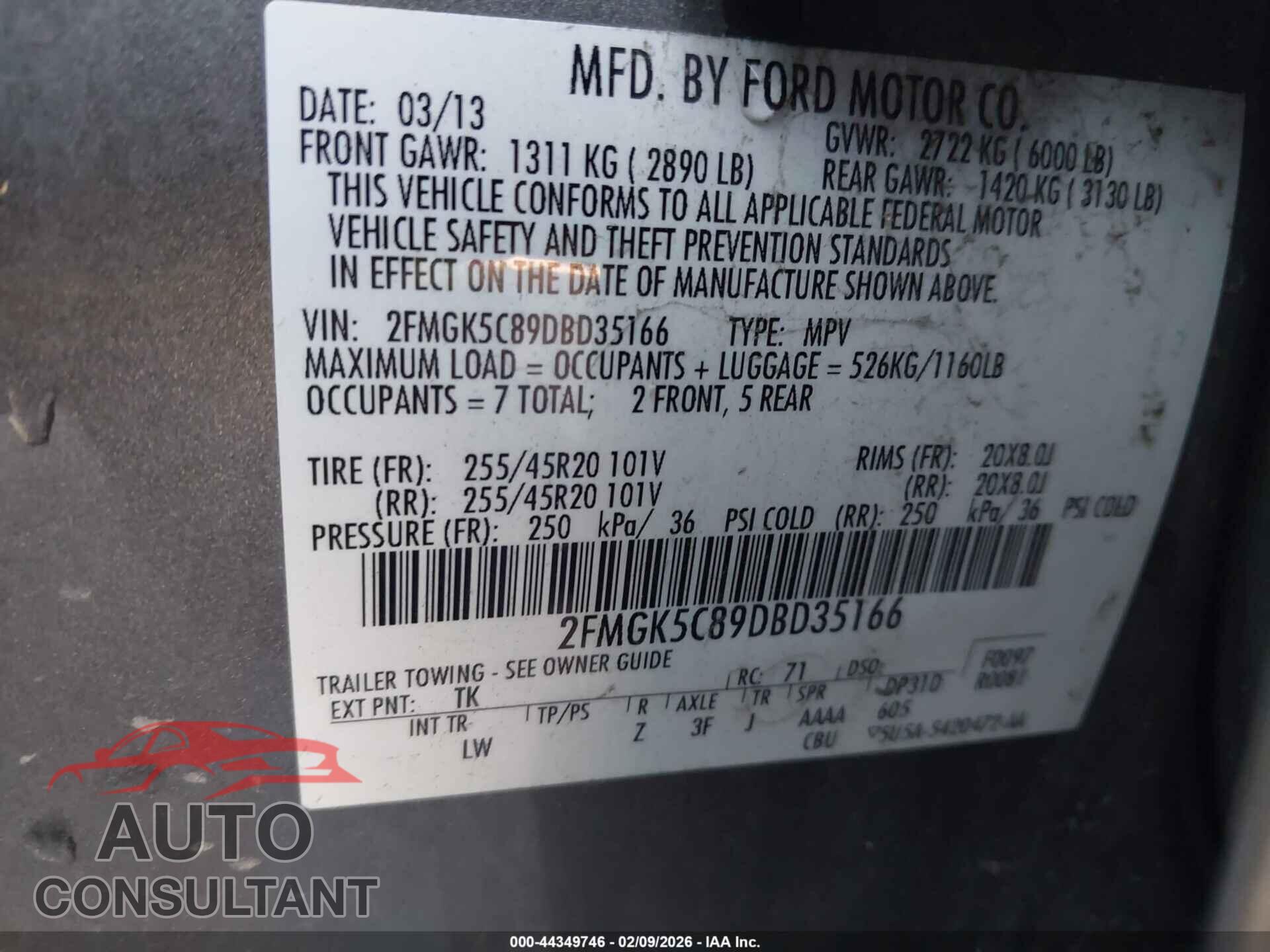 FORD FLEX 2013 - 2FMGK5C89DBD35166