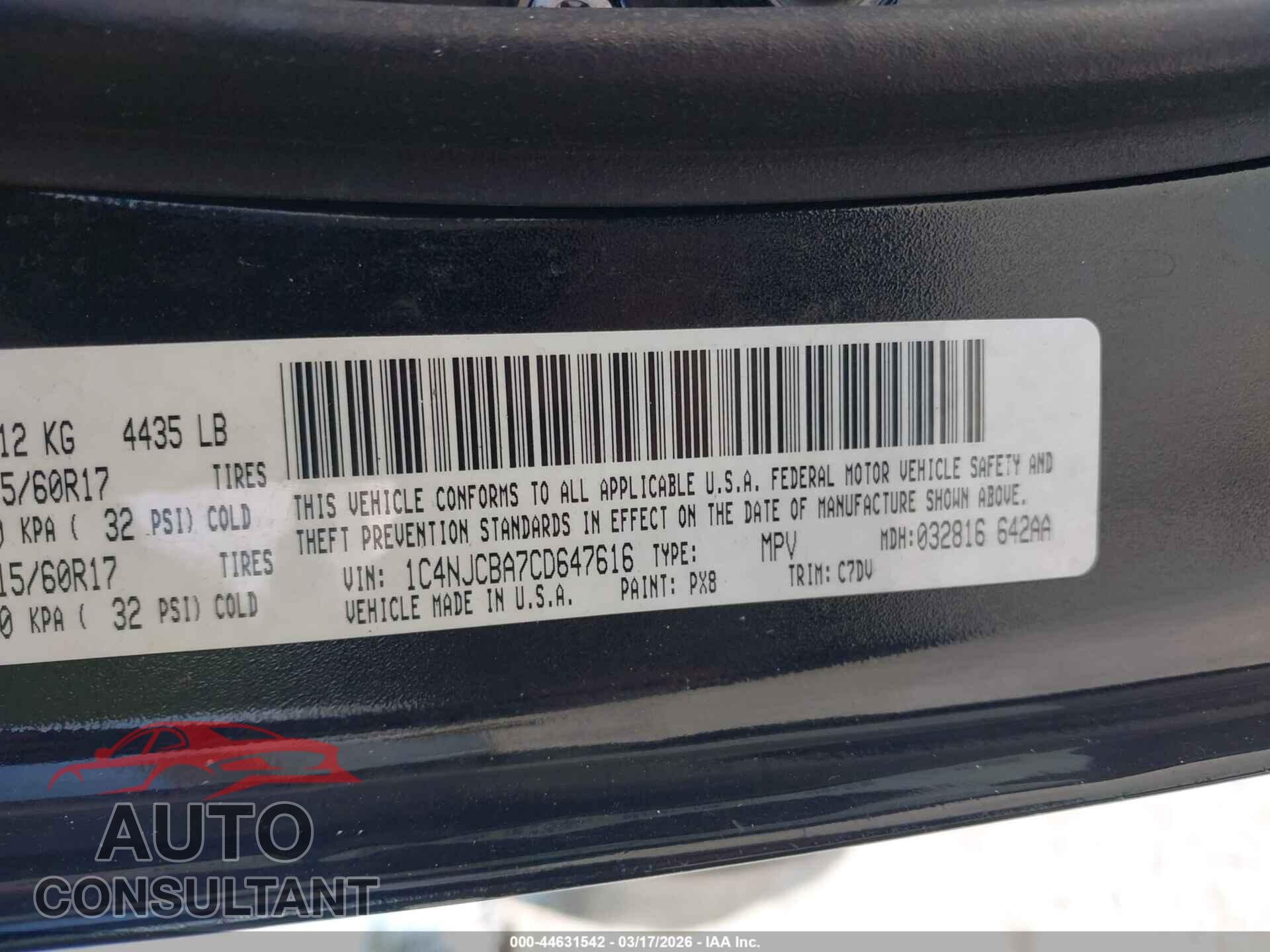 JEEP COMPASS 2012 - 1C4NJCBA7CD647616