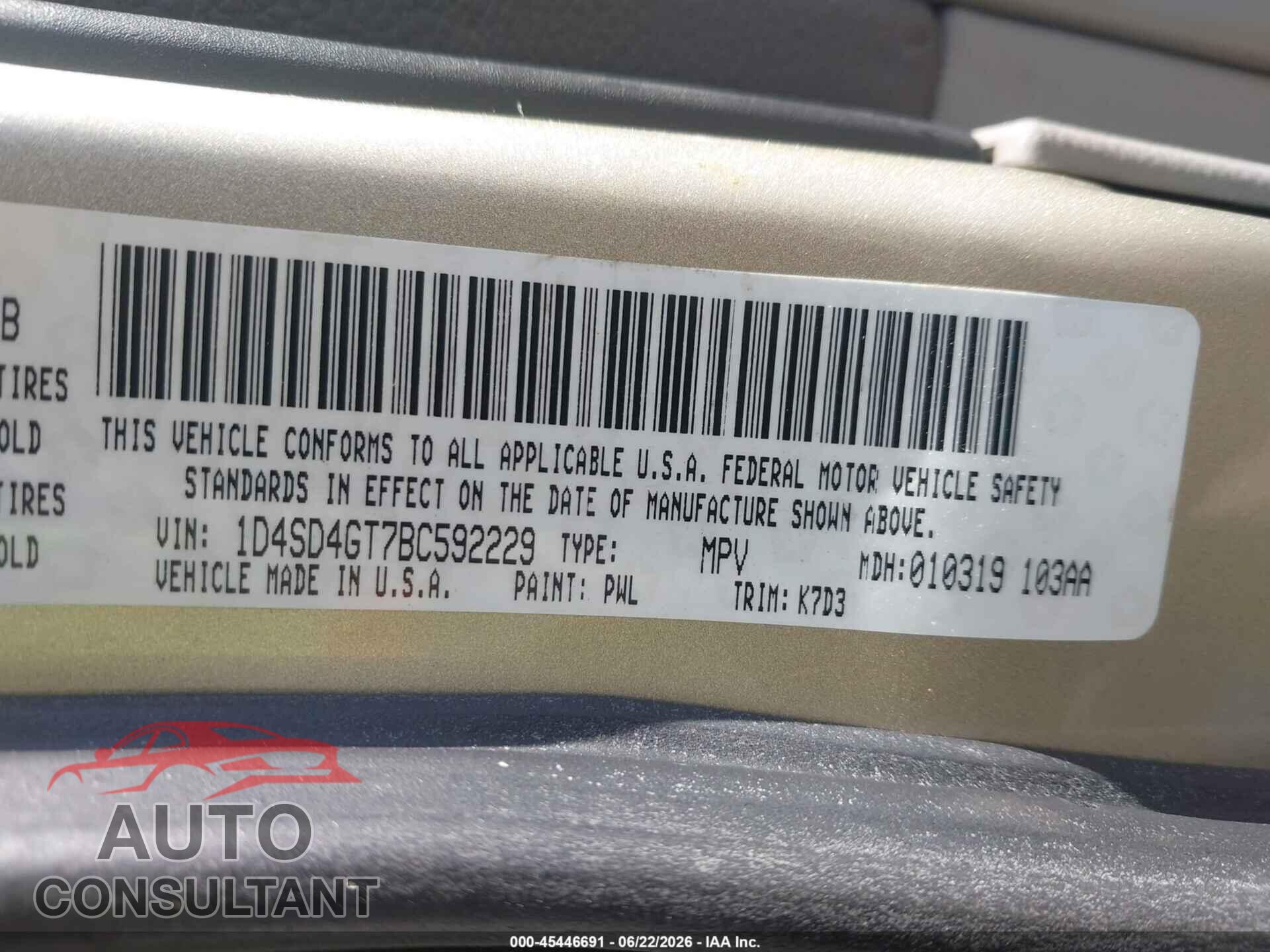 DODGE DURANGO 2011 - 1D4SD4GT7BC592229
