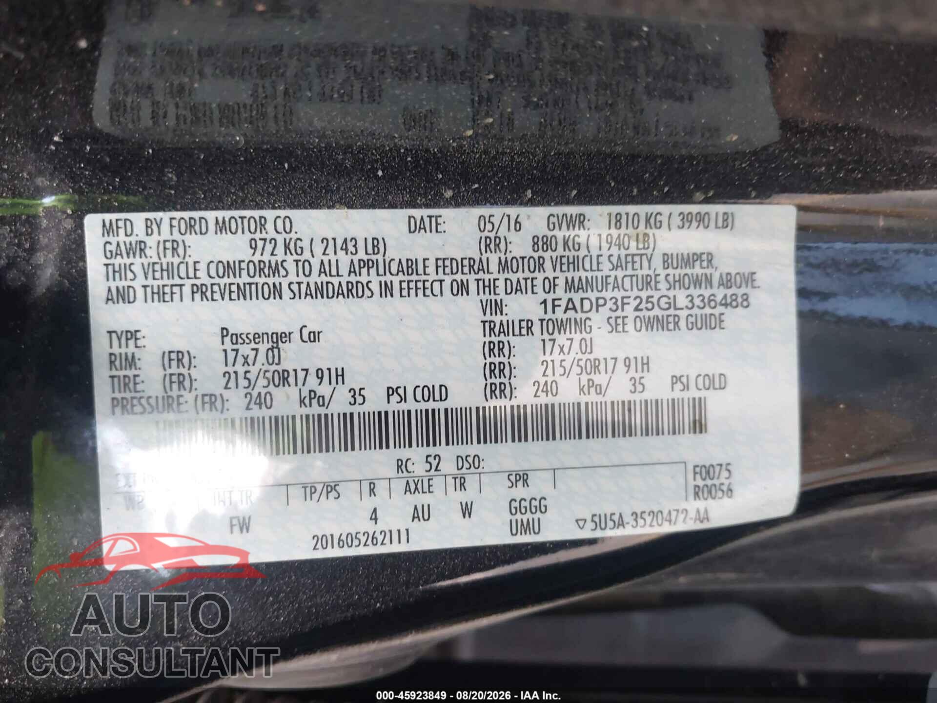 FORD FOCUS 2016 - 1FADP3F25GL336488