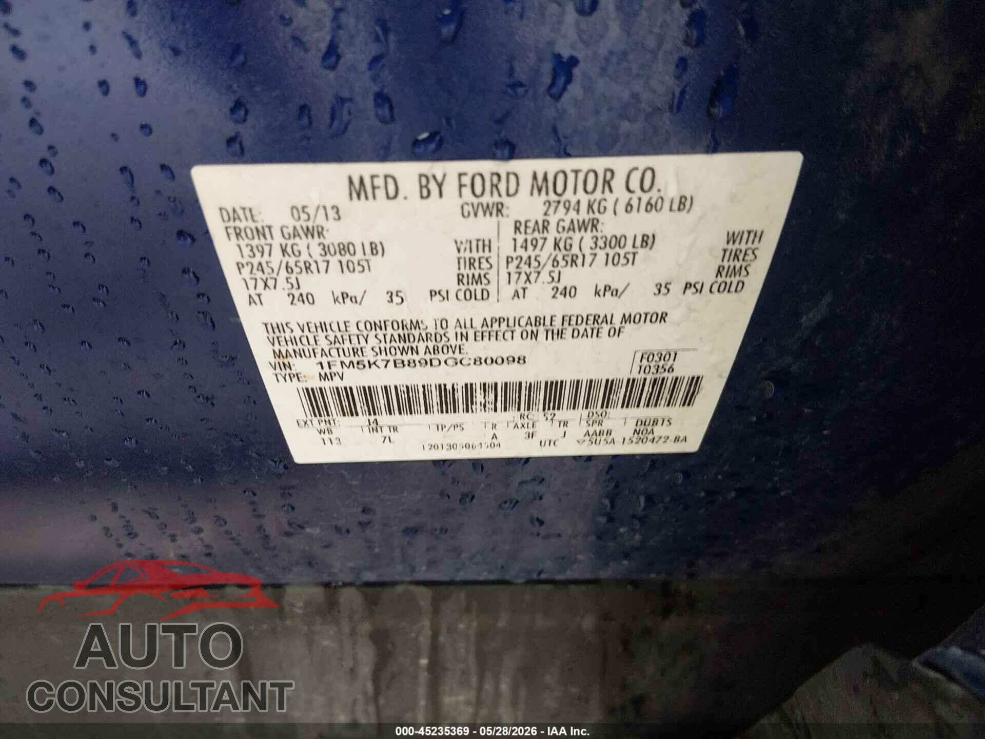 FORD EXPLORER 2013 - 1FM5K7B89DGC80098