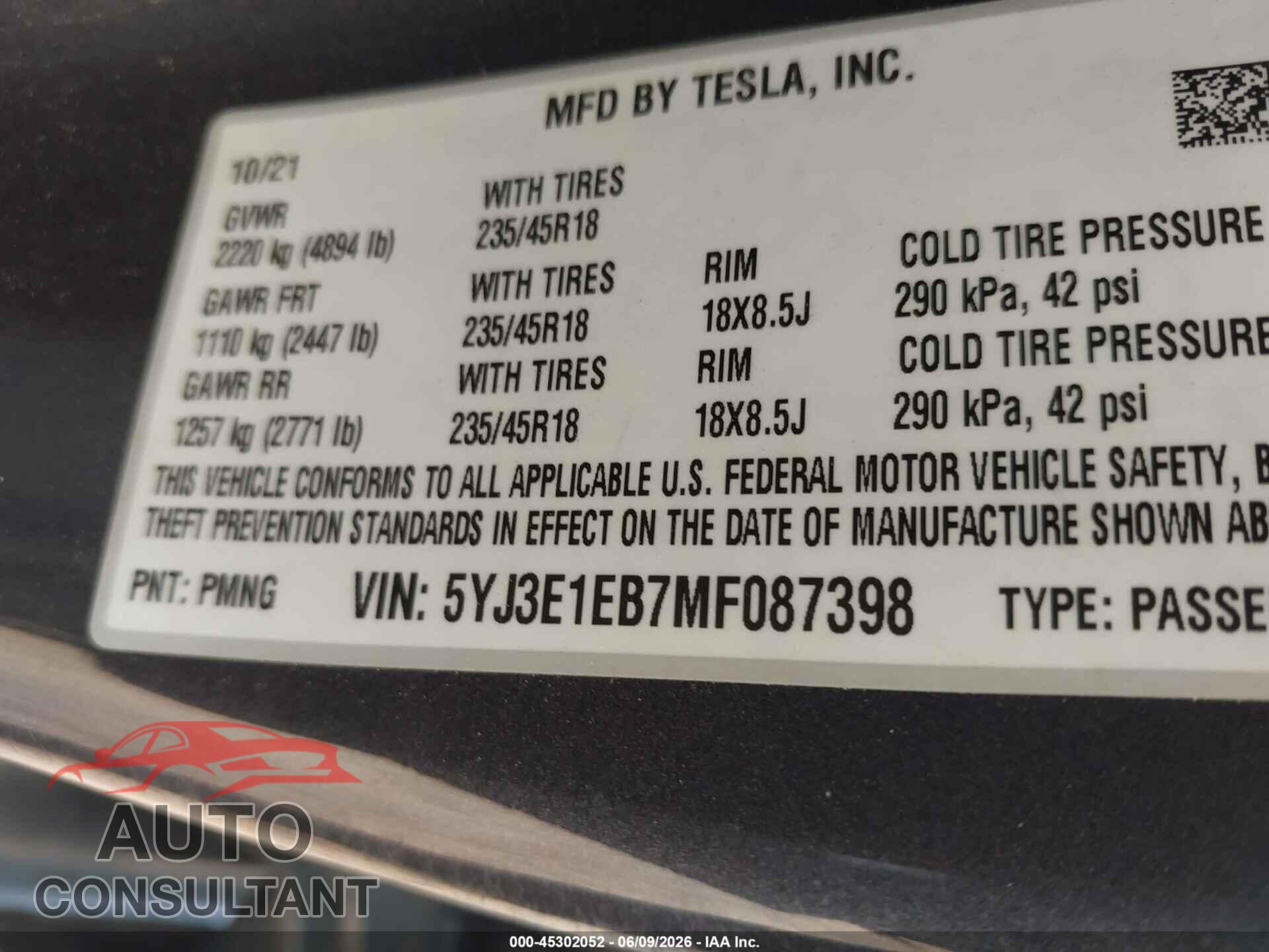 TESLA MODEL 3 2021 - 5YJ3E1EB7MF087398