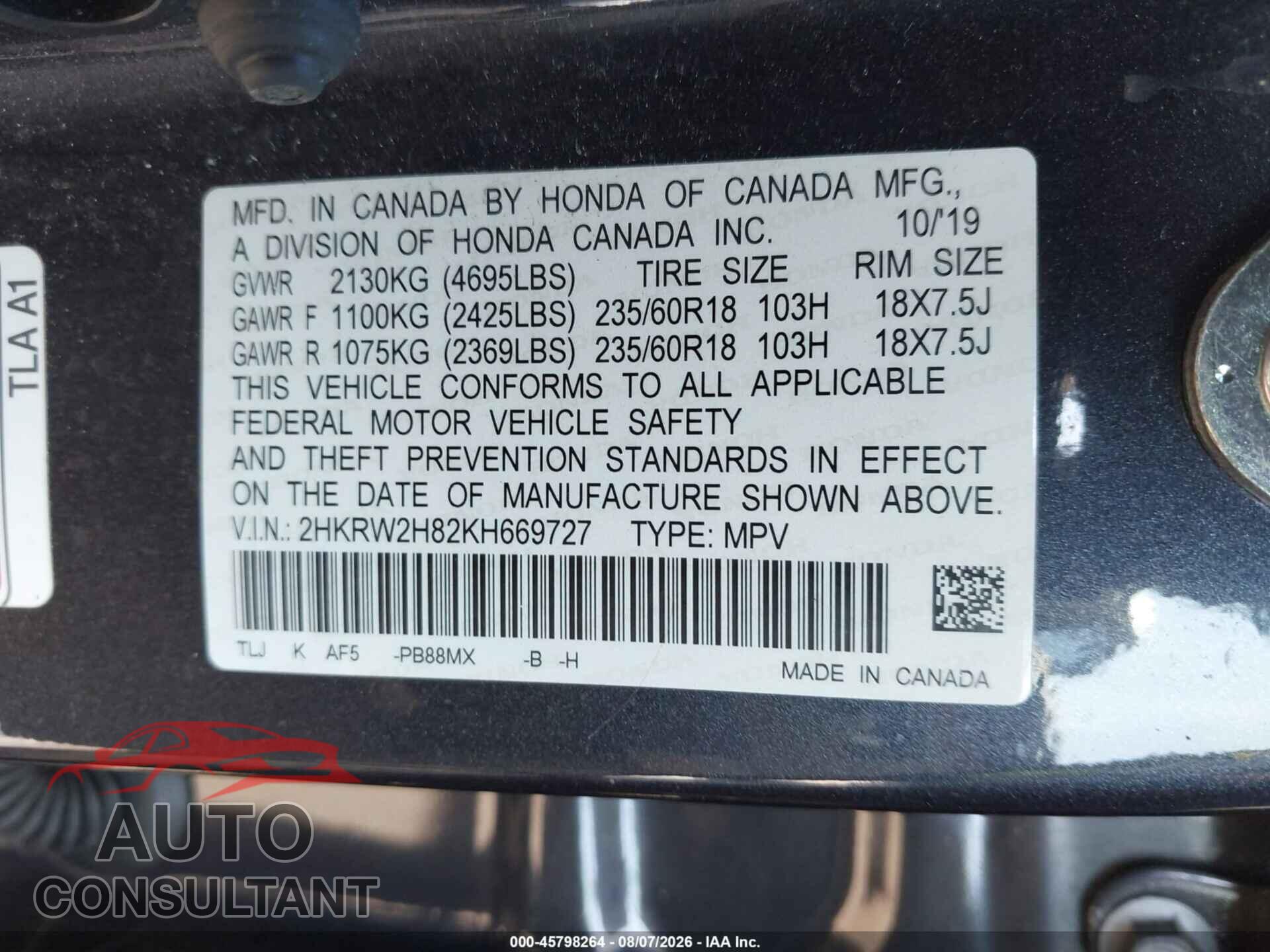 HONDA CR-V 2019 - 2HKRW2H82KH669727