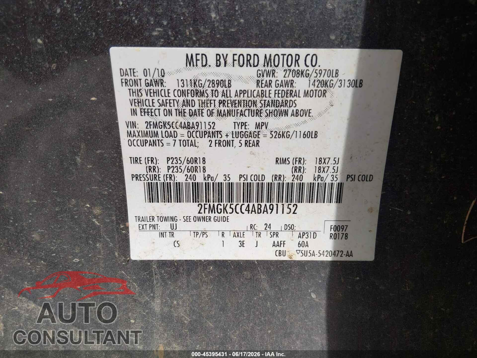 FORD FLEX 2010 - 2FMGK5CC4ABA91152