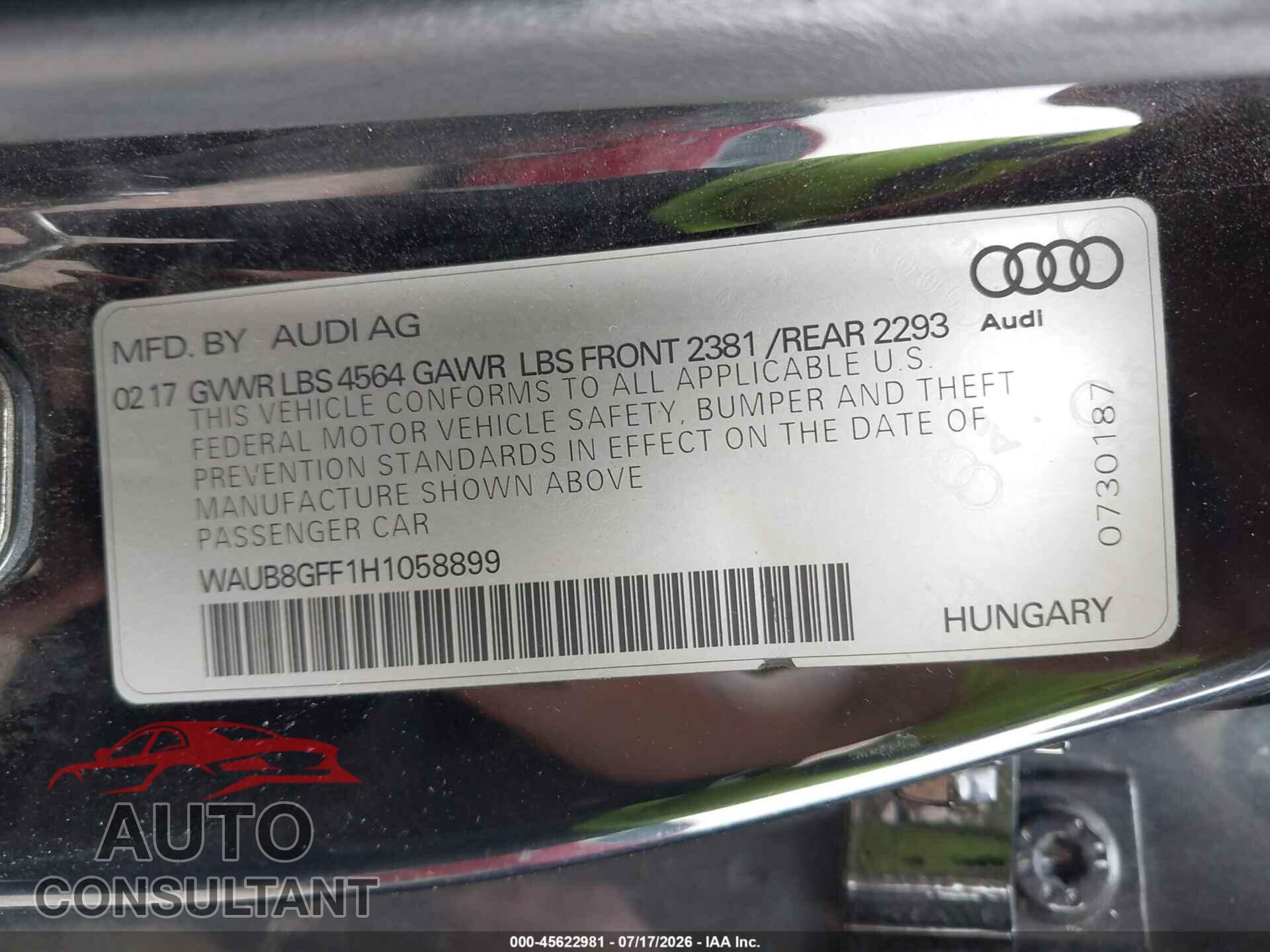 AUDI A3 2017 - WAUB8GFF1H1058899