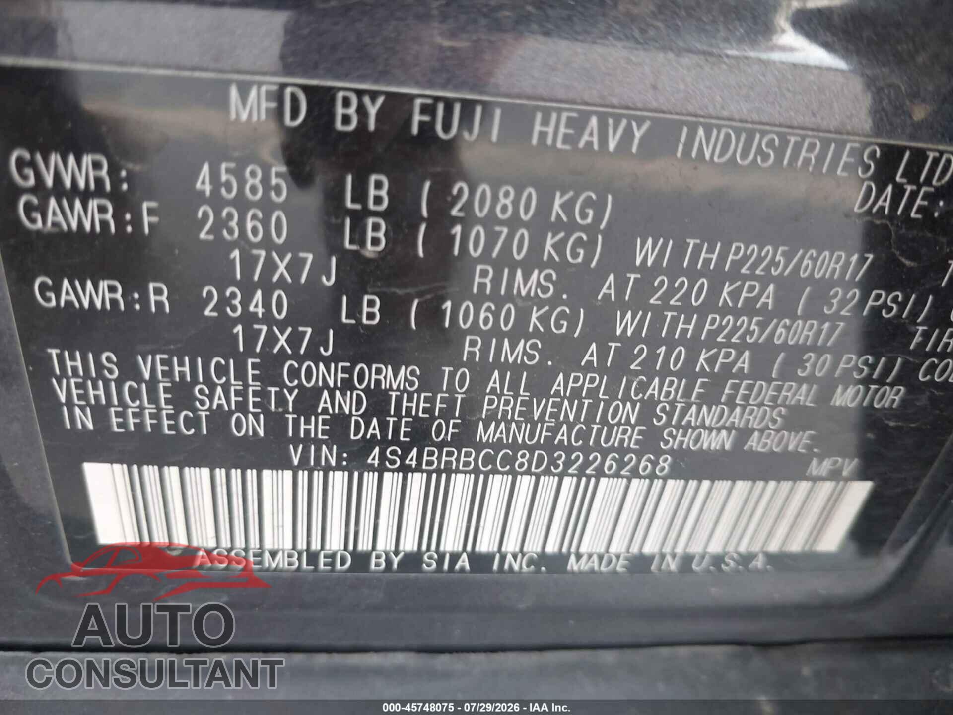 SUBARU OUTBACK 2013 - 4S4BRBCC8D3226268