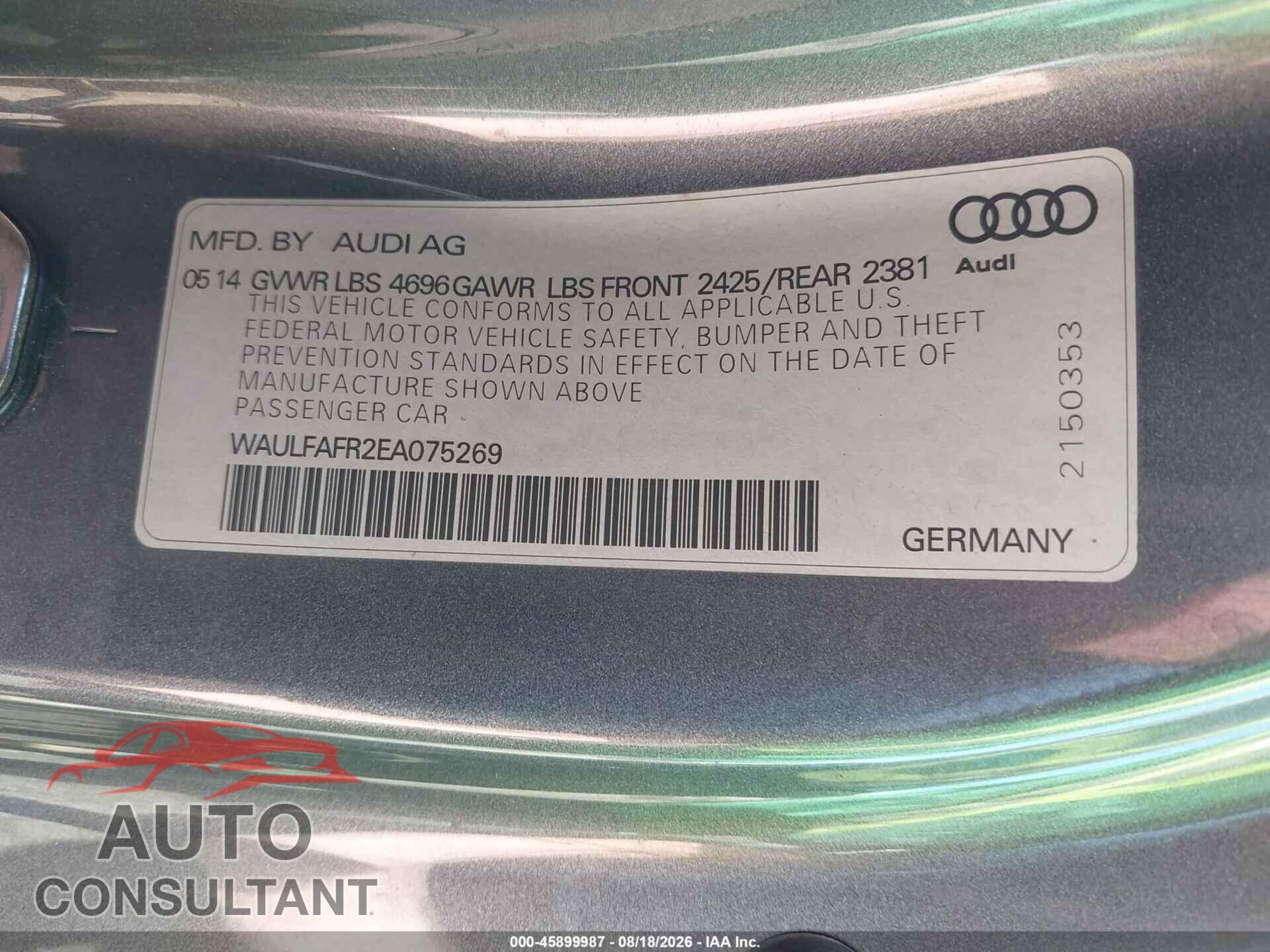 AUDI A5 2014 - WAULFAFR2EA075269