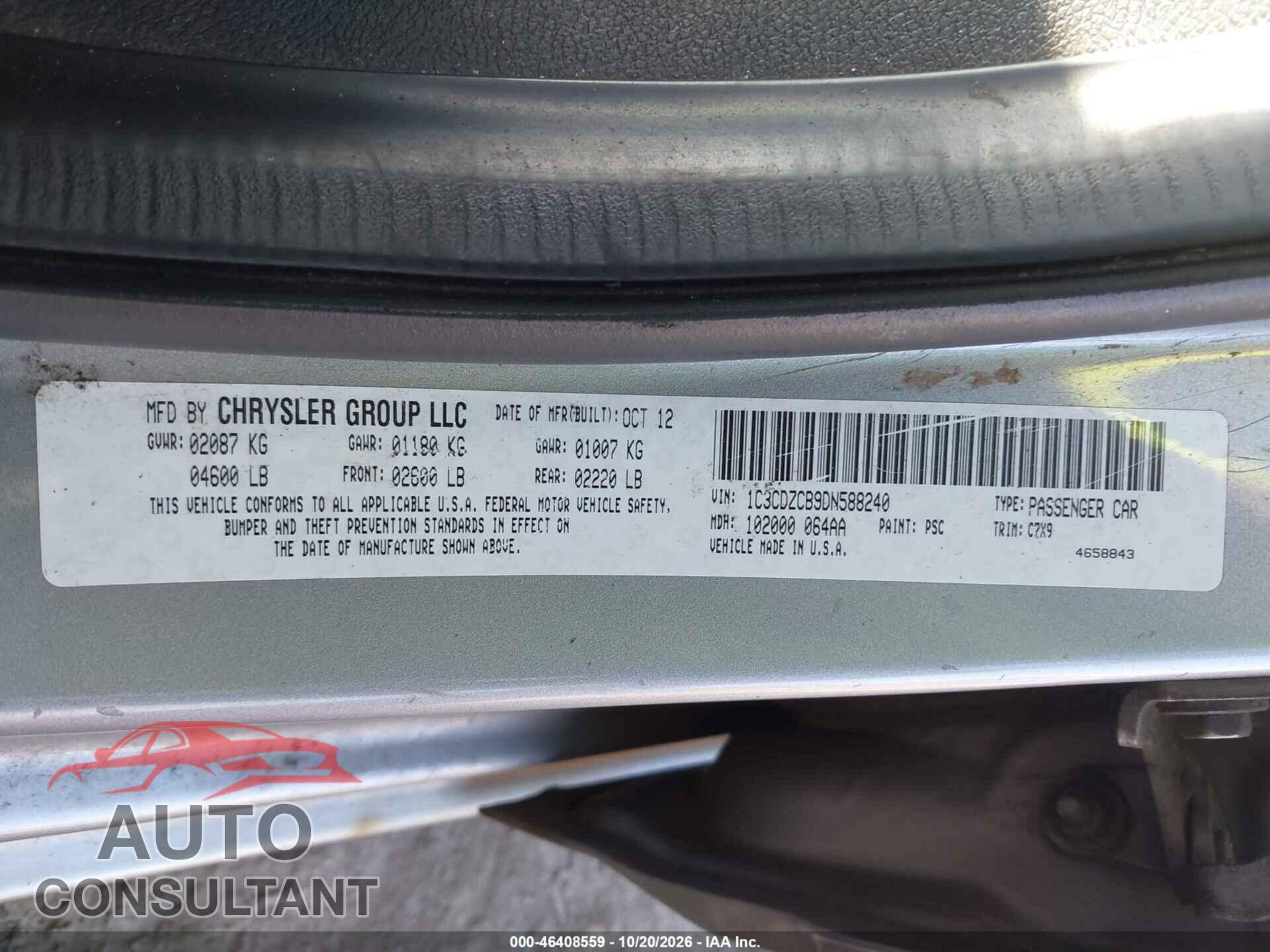 DODGE AVENGER 2013 - 1C3CDZCB9DN588240