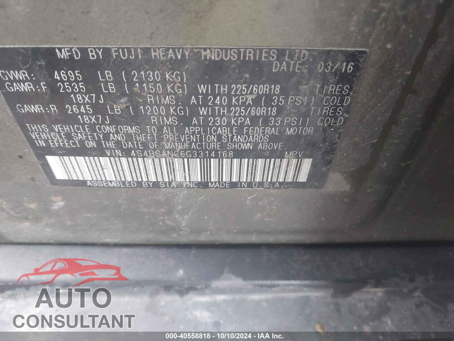 SUBARU OUTBACK 2016 - 4S4BSANC6G3314168