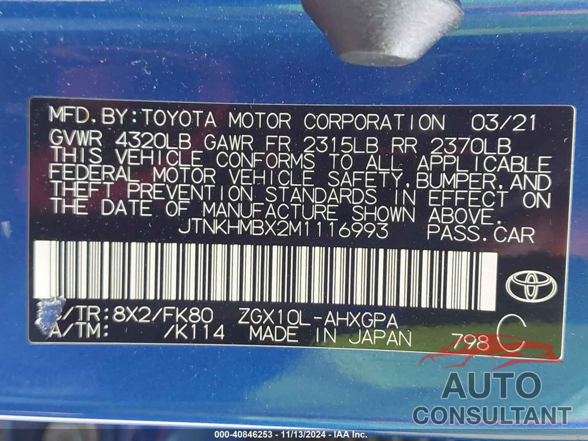 TOYOTA C-HR 2021 - JTNKHMBX2M1116993