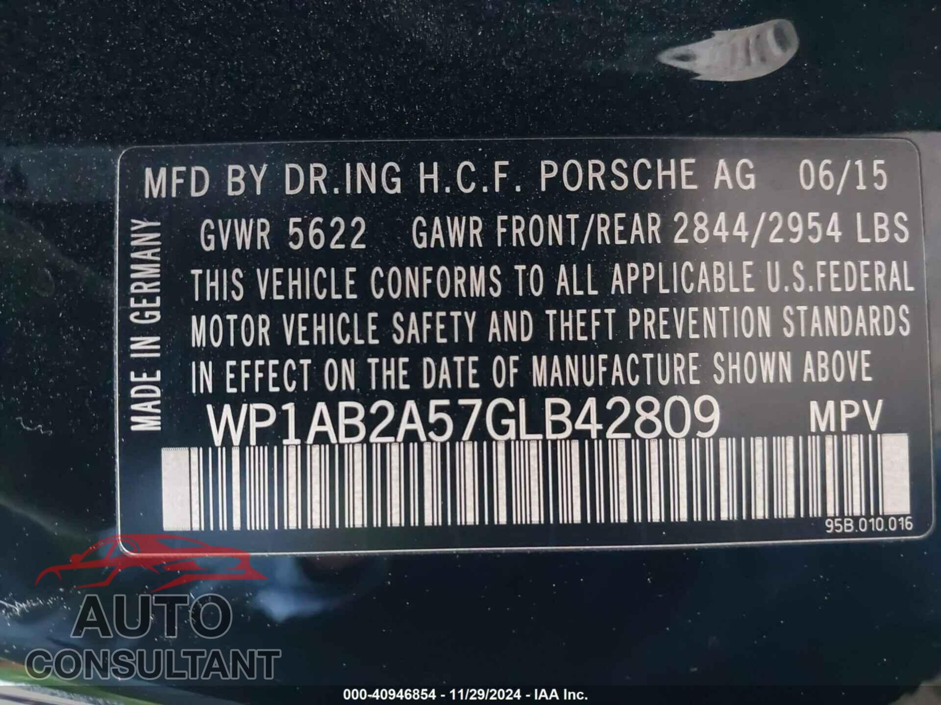 PORSCHE MACAN 2016 - WP1AB2A57GLB42809
