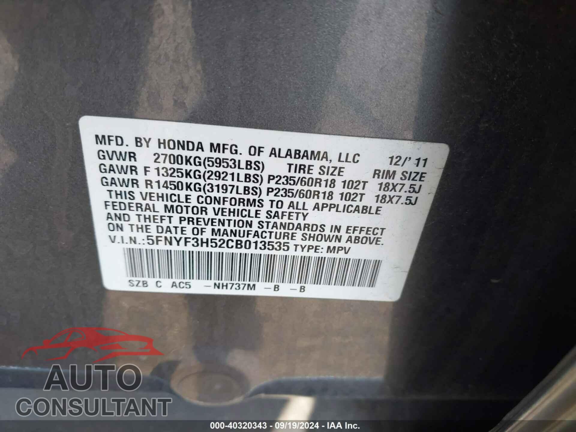 HONDA PILOT 2012 - 5FNYF3H52CB013535