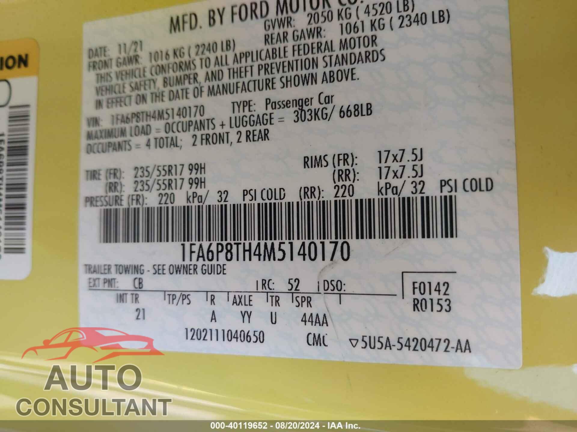FORD MUSTANG 2021 - 1FA6P8TH4M5140170