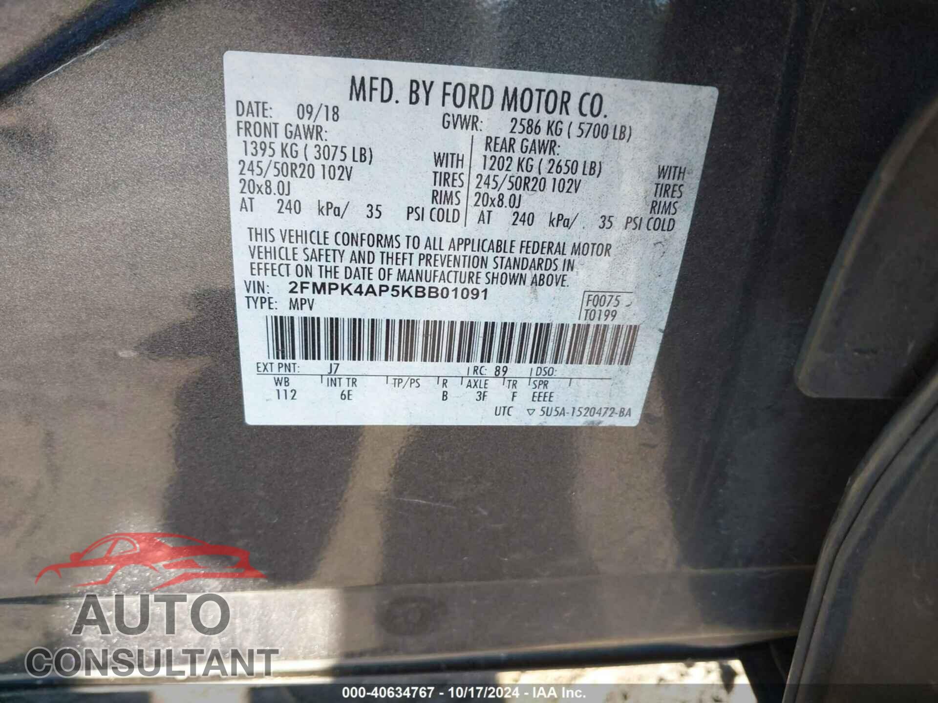 FORD EDGE 2019 - 2FMPK4AP5KBB01091