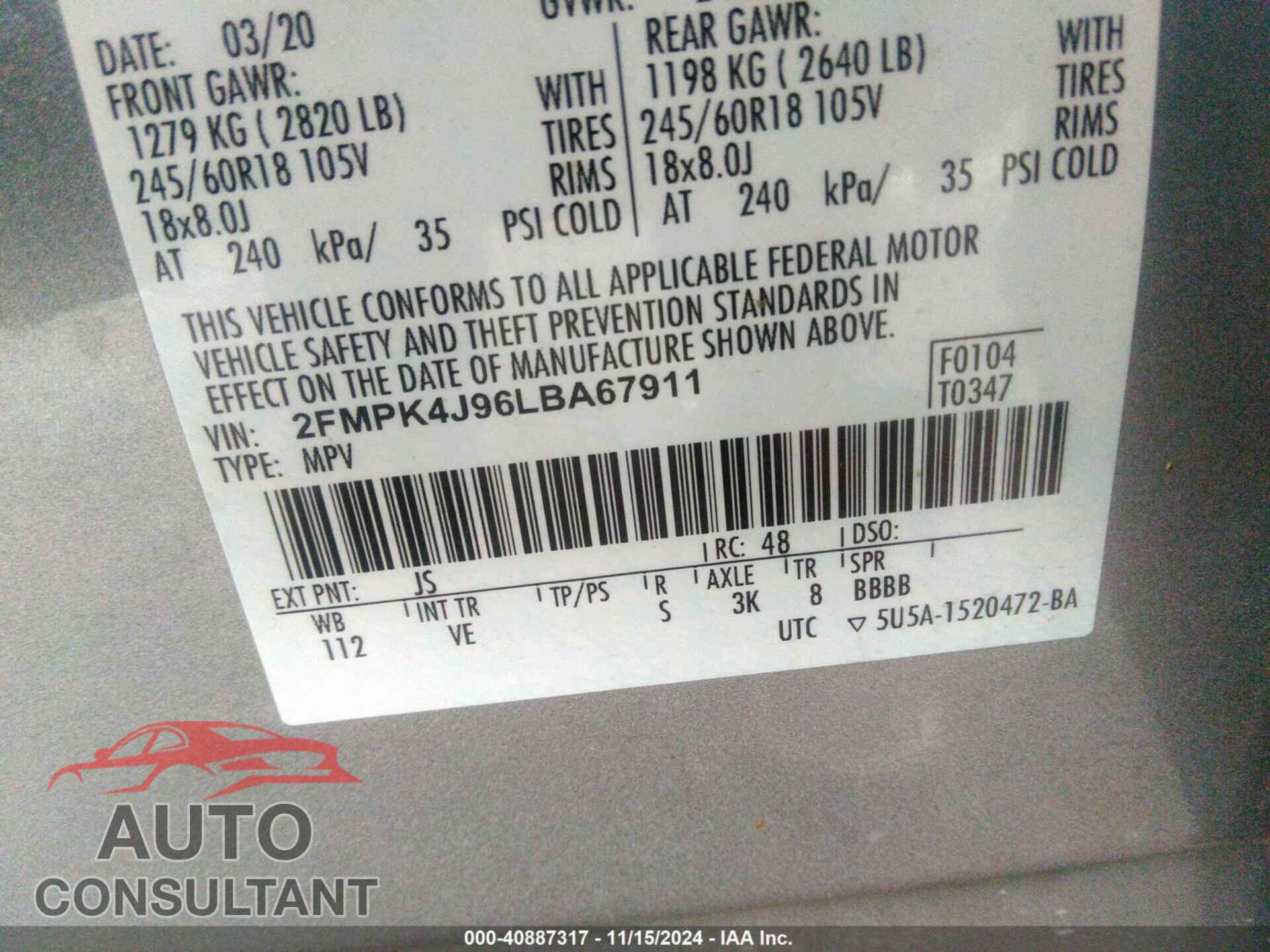 FORD EDGE 2020 - 2FMPK4J96LBA67911