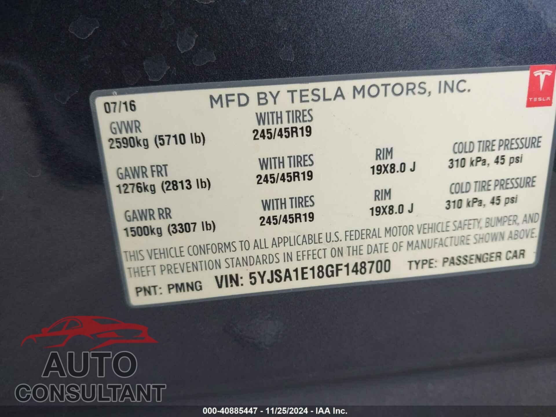 TESLA MODEL S 2016 - 5YJSA1E18GF148700