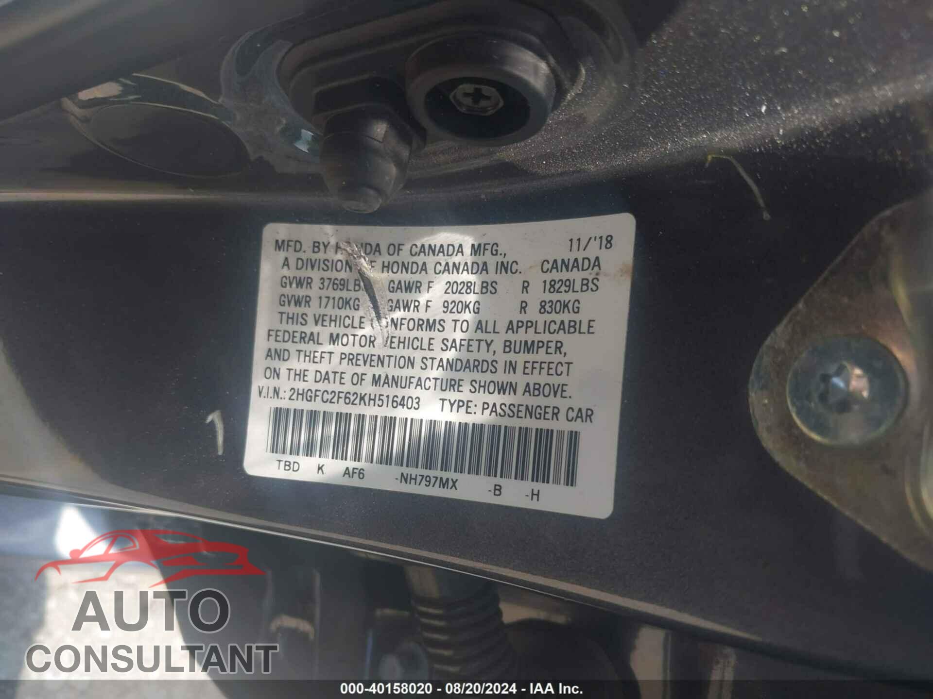 HONDA CIVIC 2019 - 2HGFC2F62KH516403