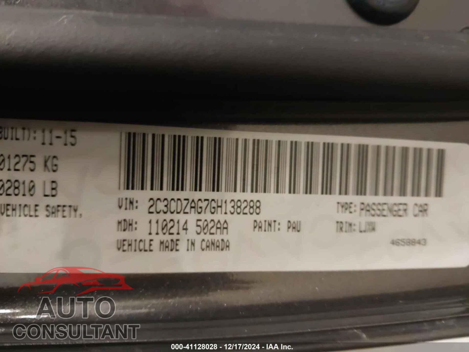 DODGE CHALLENGER 2016 - 2C3CDZAG7GH138288