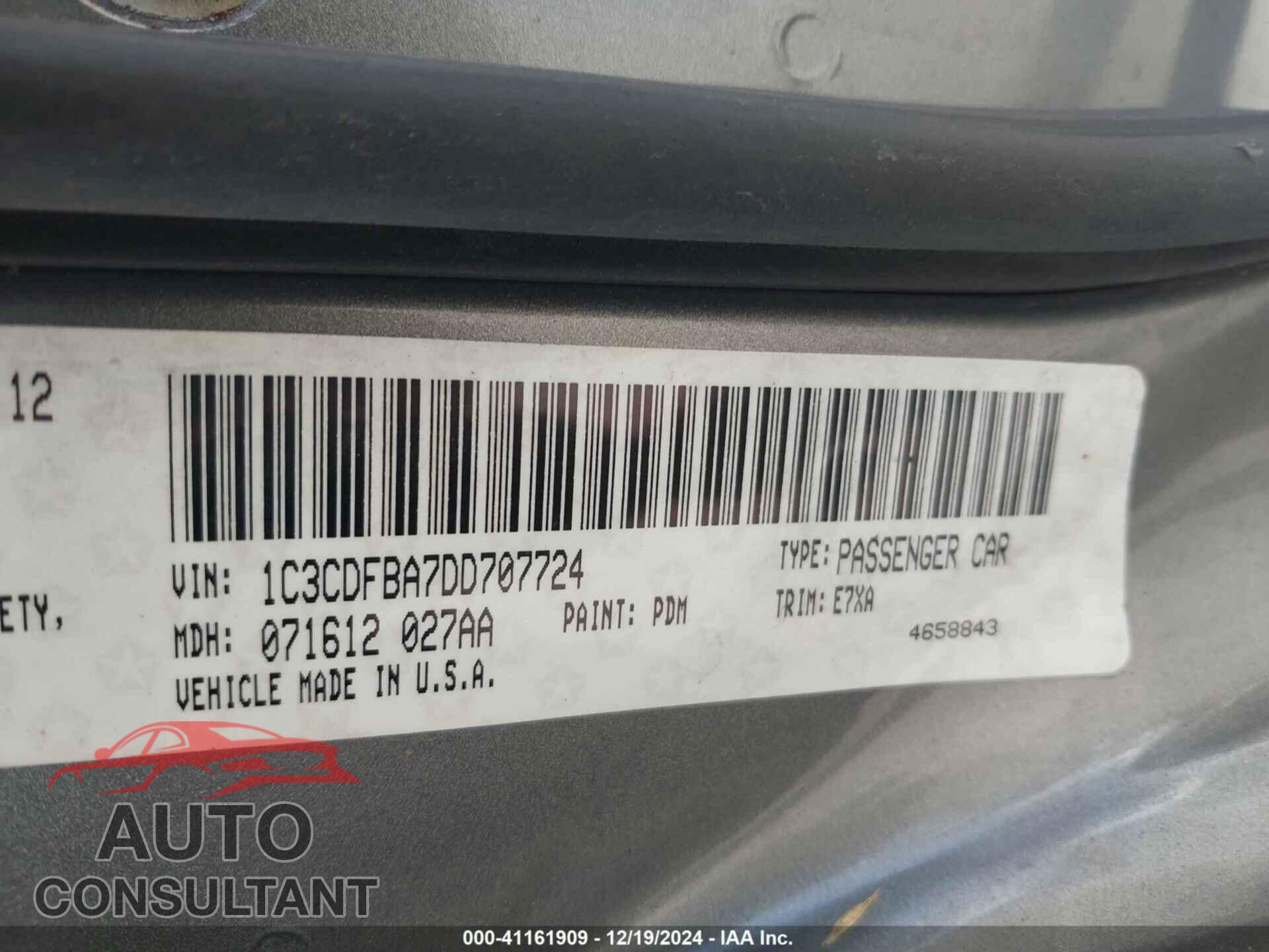 DODGE DART 2013 - 1C3CDFBA7DD707724