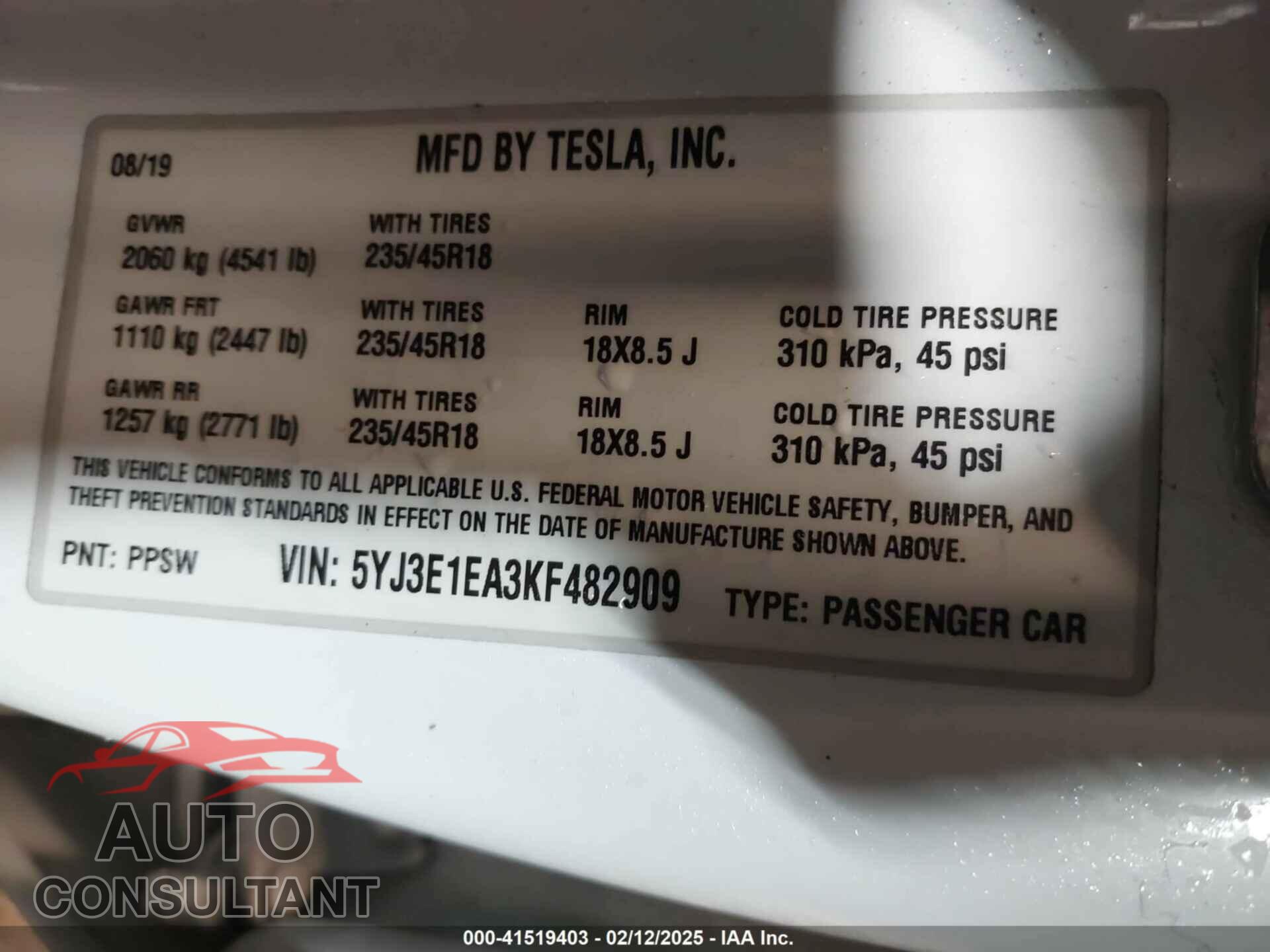 TESLA MODEL 3 2019 - 5YJ3E1EA3KF482909