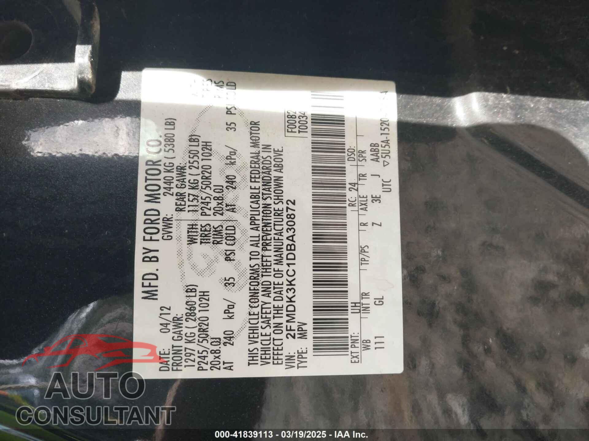 FORD EDGE 2013 - 2FMDK3KC1DBA30872