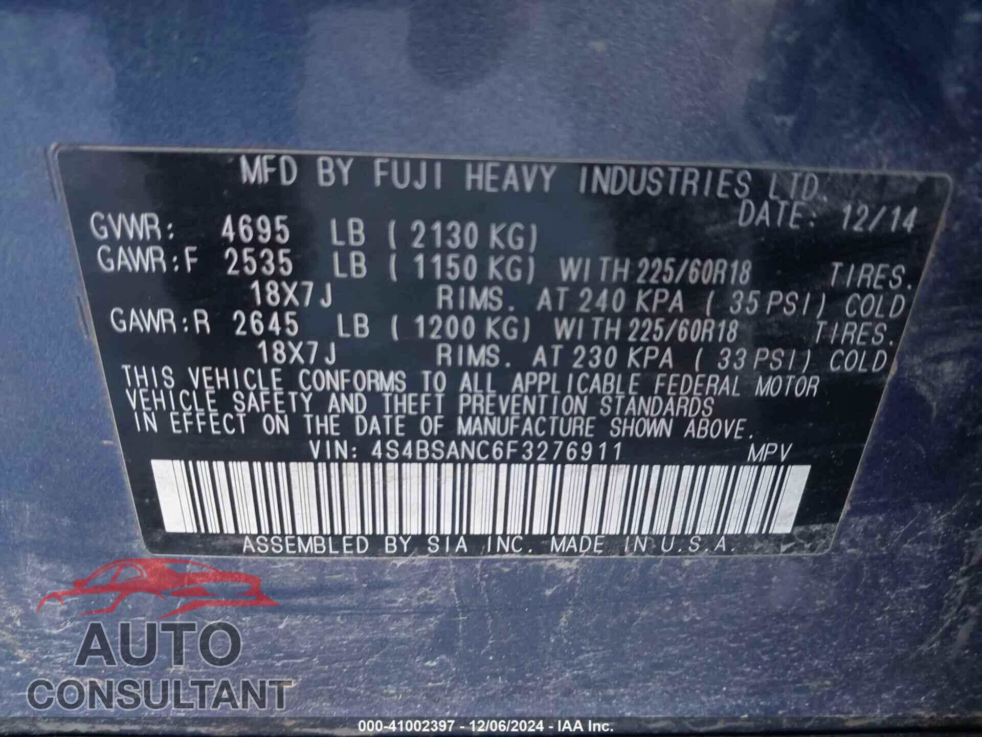 SUBARU OUTBACK 2015 - 4S4BSANC6F3276911