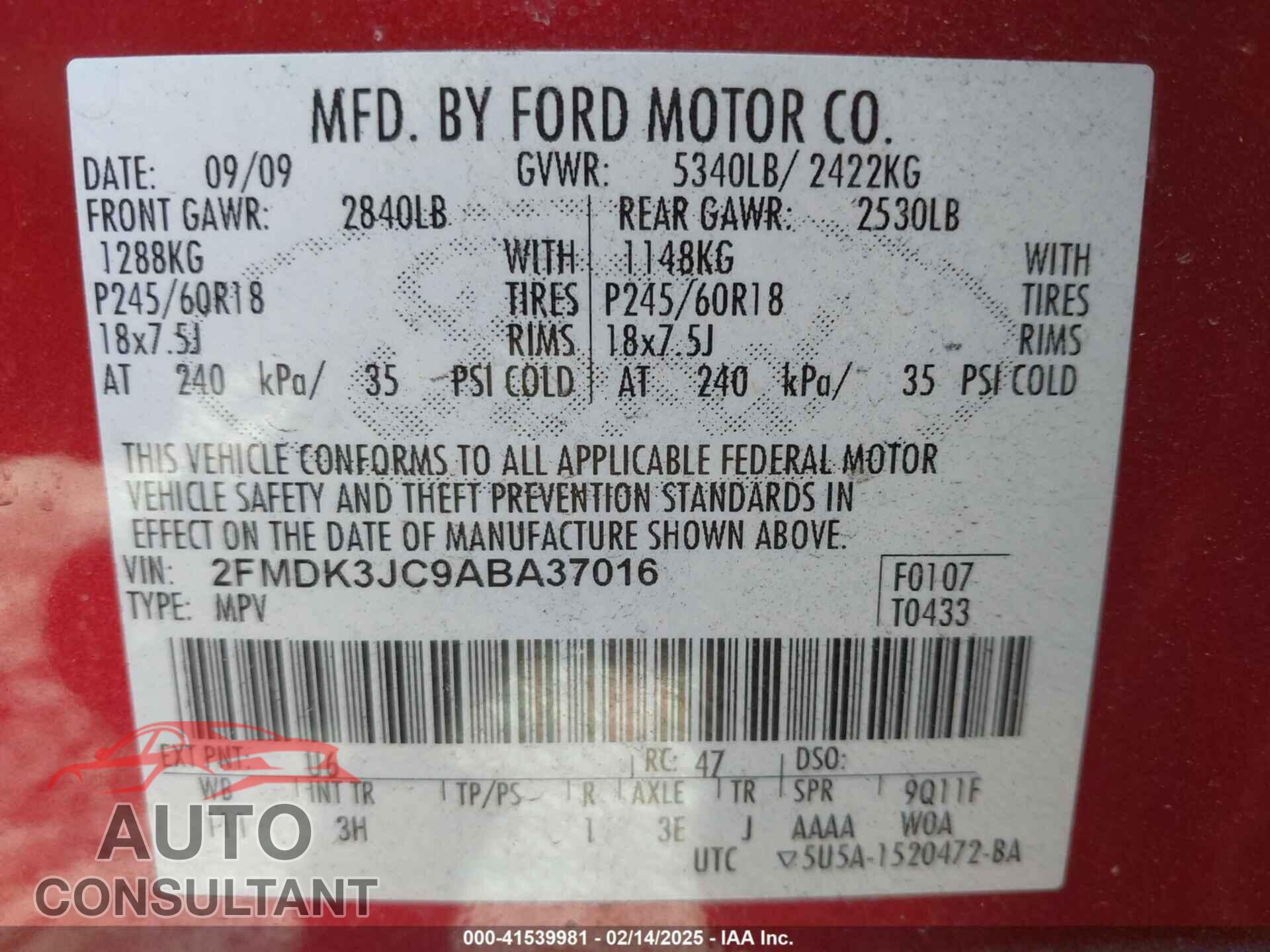 FORD EDGE 2010 - 2FMDK3JC9ABA37016