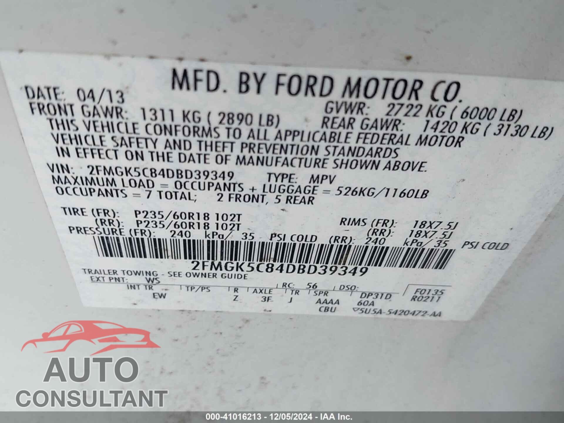 FORD FLEX 2013 - 2FMGK5C84DBD39349