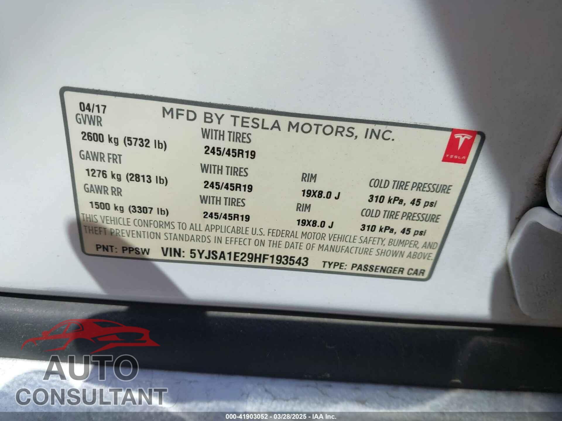TESLA MODEL S 2017 - 5YJSA1E29HF193543