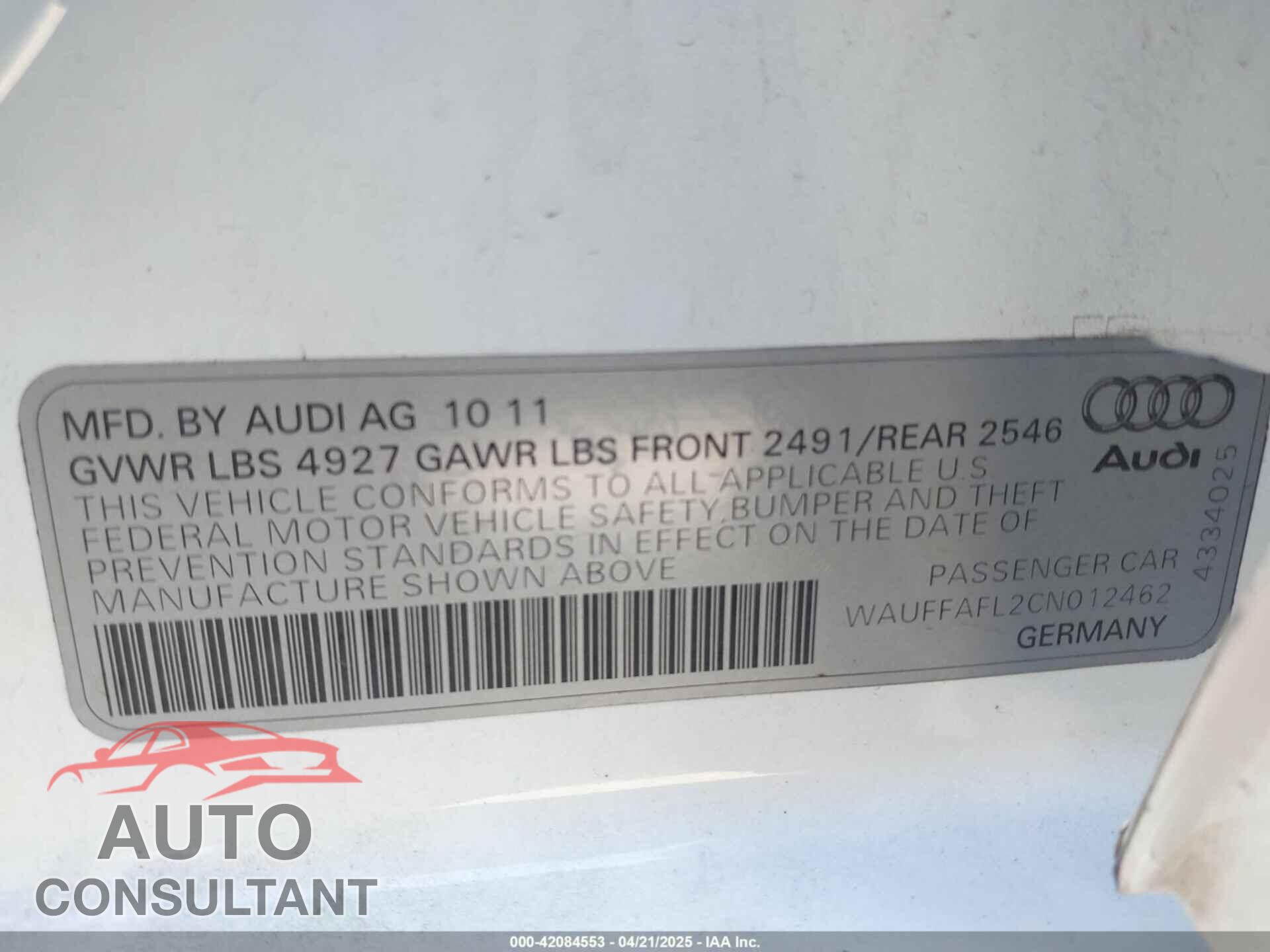 AUDI A4 2012 - WAUFFAFL2CN012462