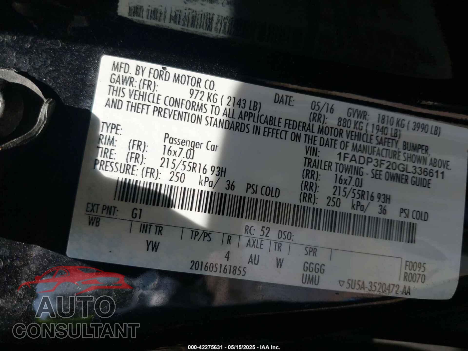 FORD FOCUS 2016 - 1FADP3F20GL336611