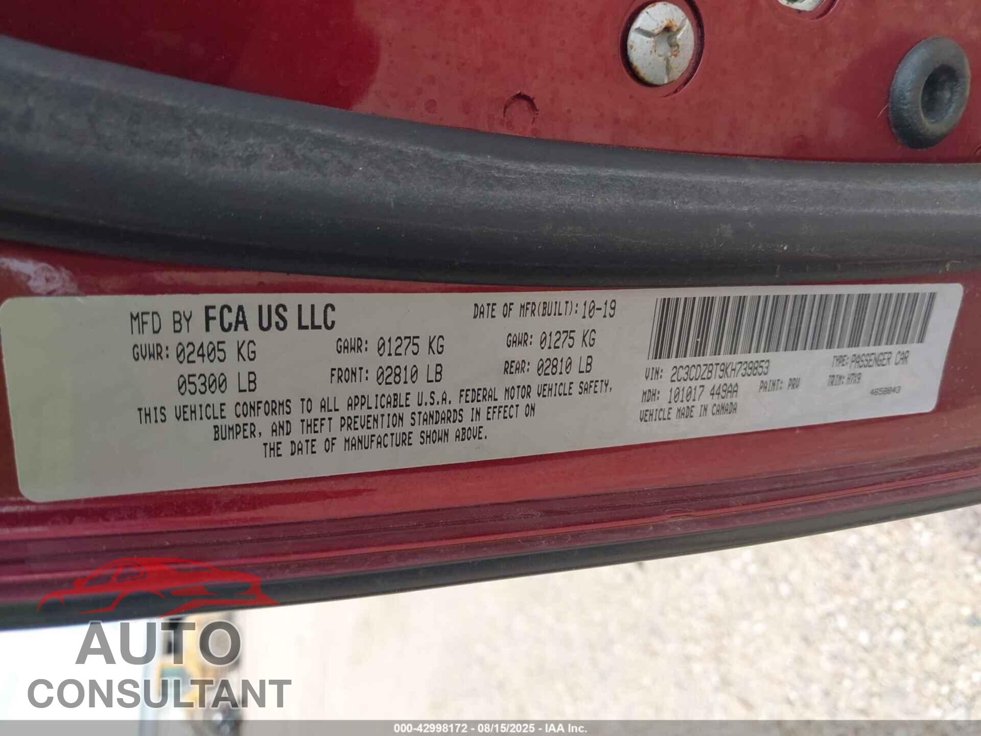 DODGE CHALLENGER 2019 - 2C3CDZBT9KH739853