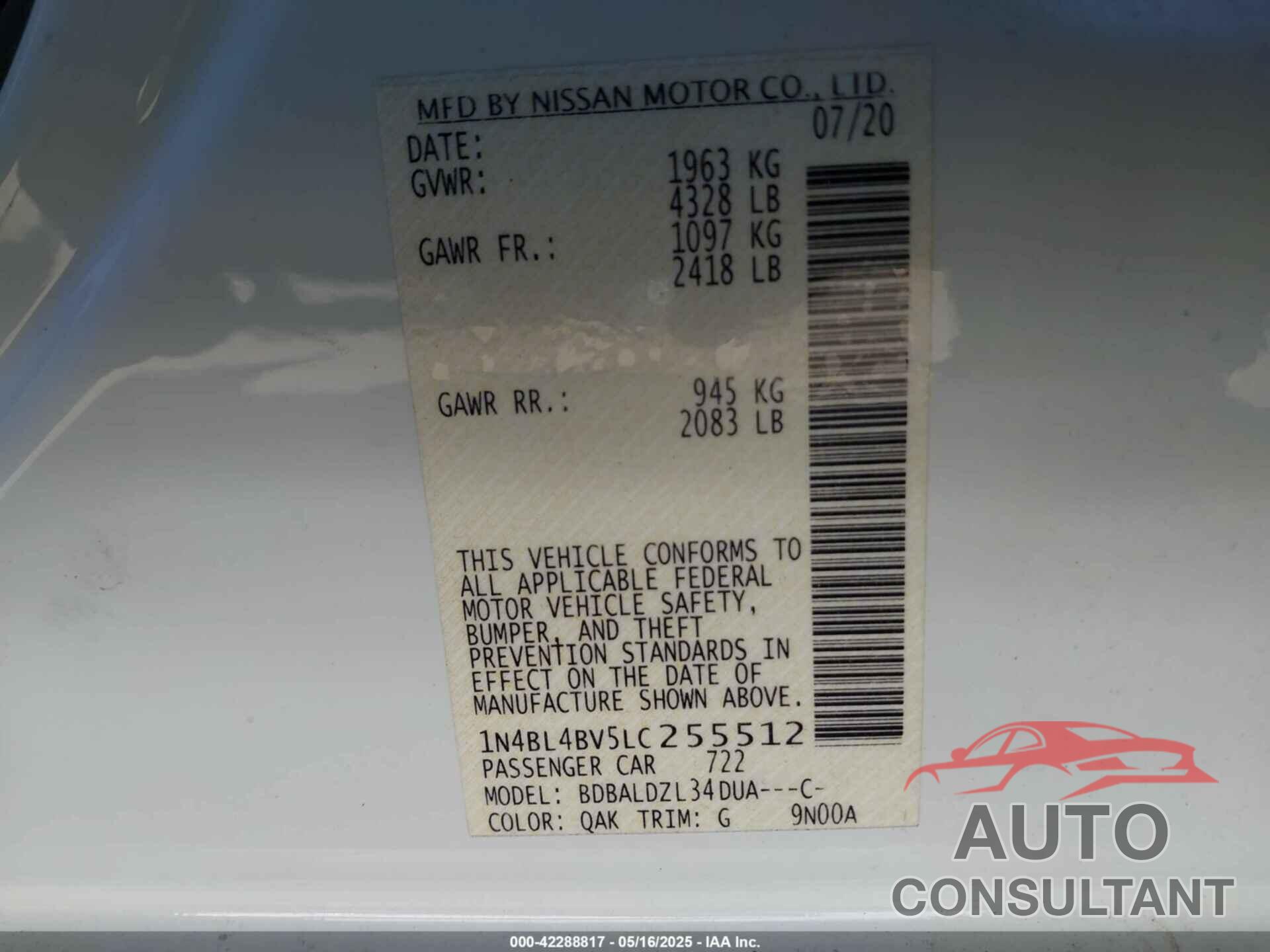 NISSAN ALTIMA 2020 - 1N4BL4BV5LC255512