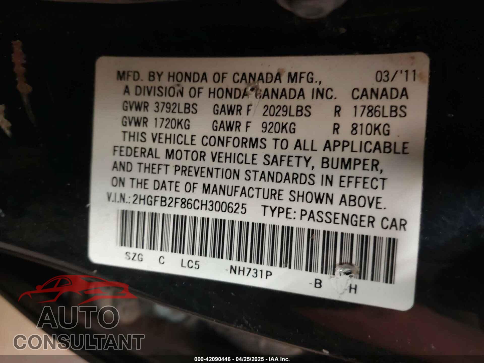 HONDA CIVIC 2012 - 2HGFB2F86CH300625