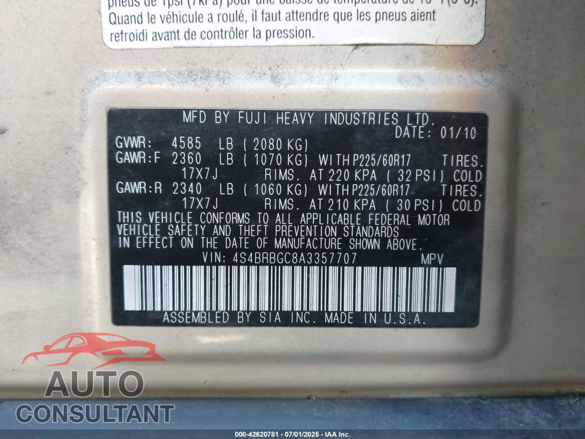 SUBARU OUTBACK 2010 - 4S4BRBGC8A3357707