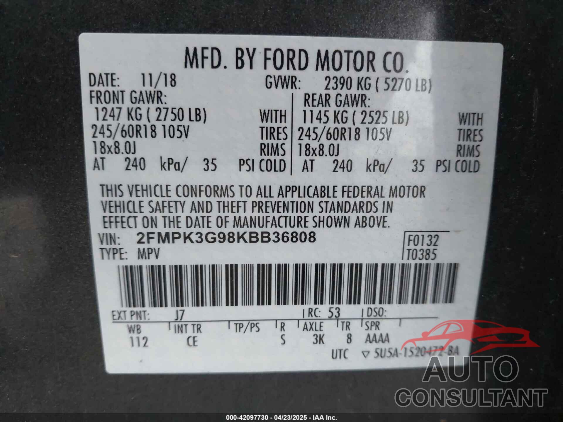 FORD EDGE 2019 - 2FMPK3G98KBB36808