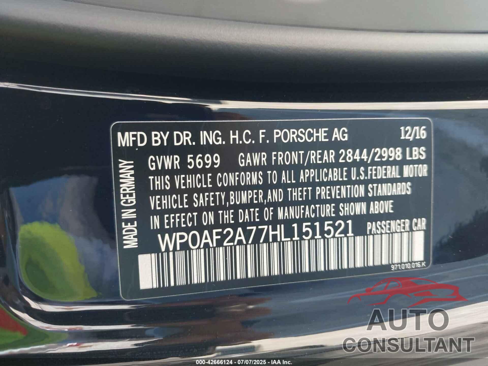 PORSCHE PANAMERA 2017 - WP0AF2A77HL151521