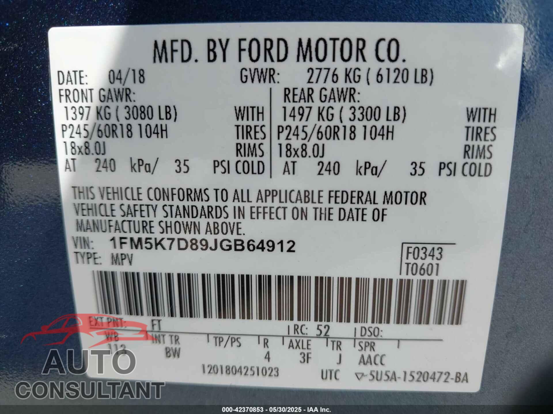 FORD EXPLORER 2018 - 1FM5K7D89JGB64912