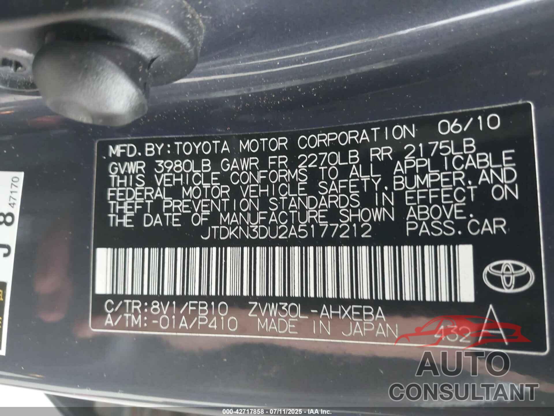 TOYOTA PRIUS 2010 - JTDKN3DU2A5177212