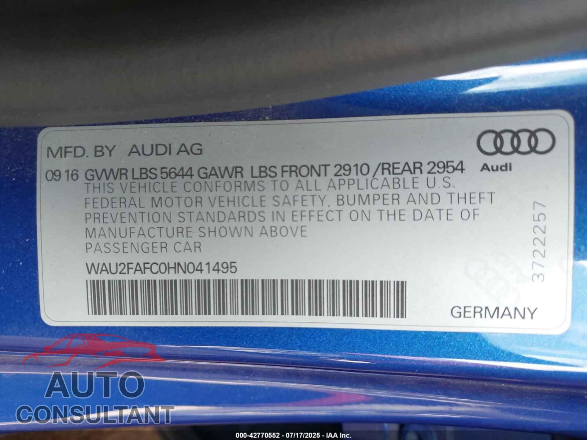 AUDI S7 2017 - WAU2FAFC0HN041495