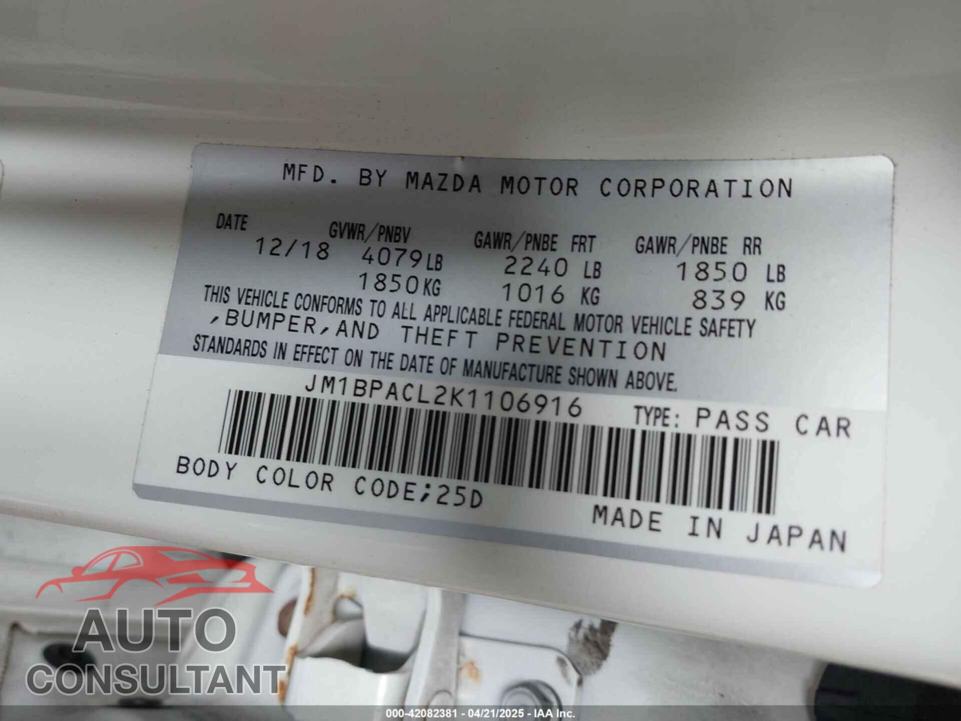 MAZDA MAZDA3 2019 - JM1BPACL2K1106916