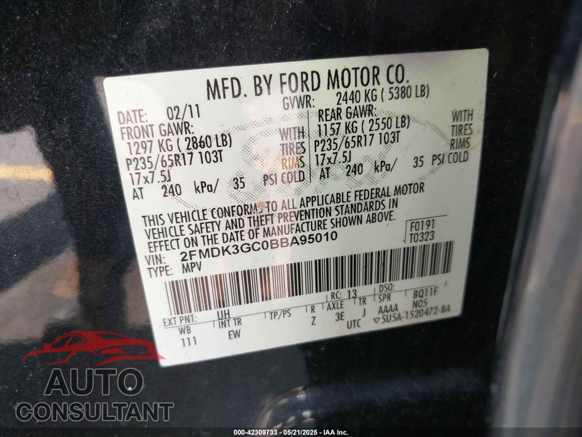 FORD EDGE 2011 - 2FMDK3GC0BBA95010